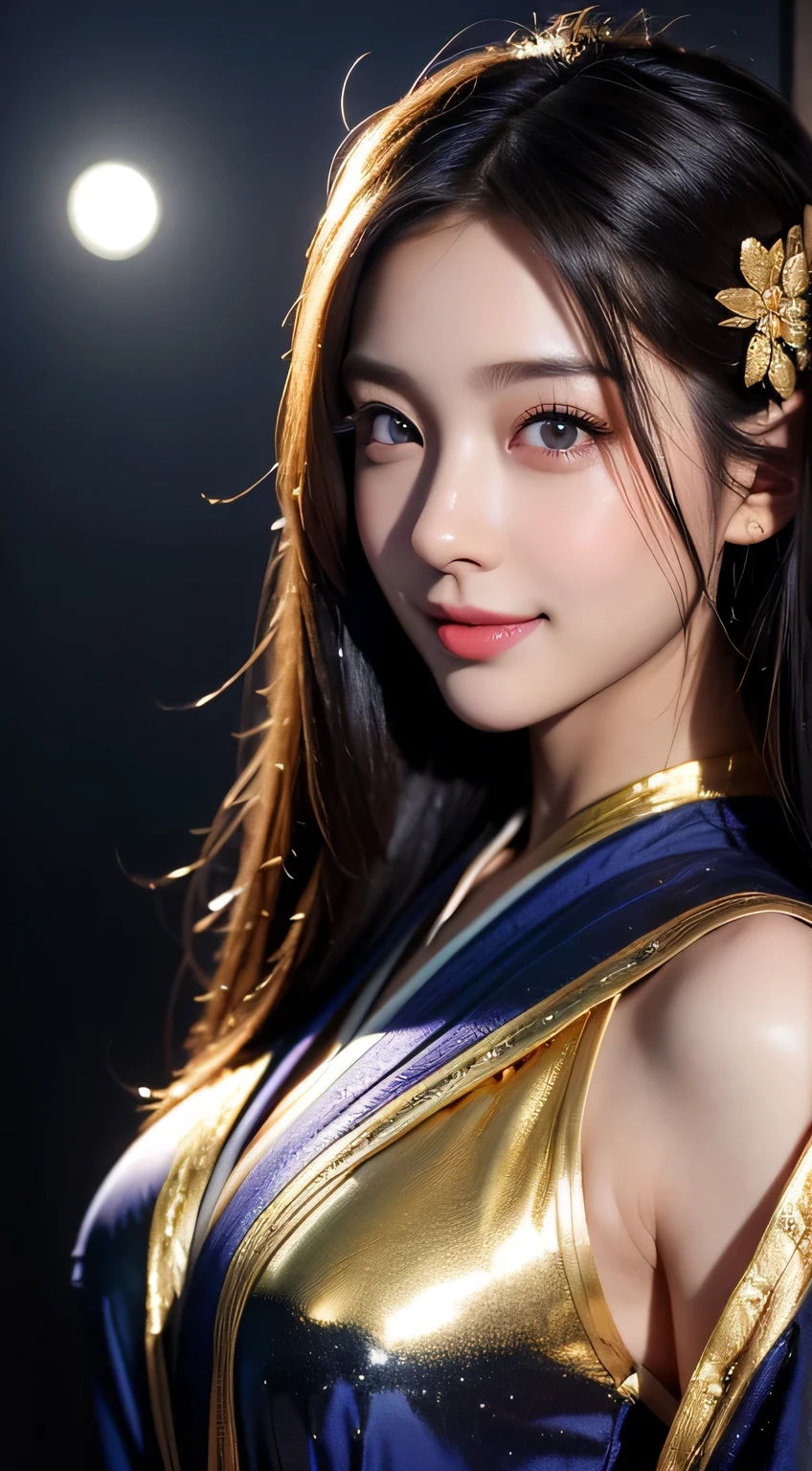 Beautiful woman in kimono,body portrait、8k,thin and beautiful eyes,Dindal effect、masterpiece, 最high quality, high quality, High resolution、very detailed写真、(natural skin texture、fine skin、hyper realism、Super sharpness)、high detail skin、(very detailed、fine skinの質感、intricate details、beautiful face、(lifelike face)、realistic eyes、beautiful and detailed eyes、real looking skin、beautiful skin、surreal、very detailed、golden ratio、with smiling eyes、((night moonlight background))、body portrait、shiny bodysuit、Take a full body photo