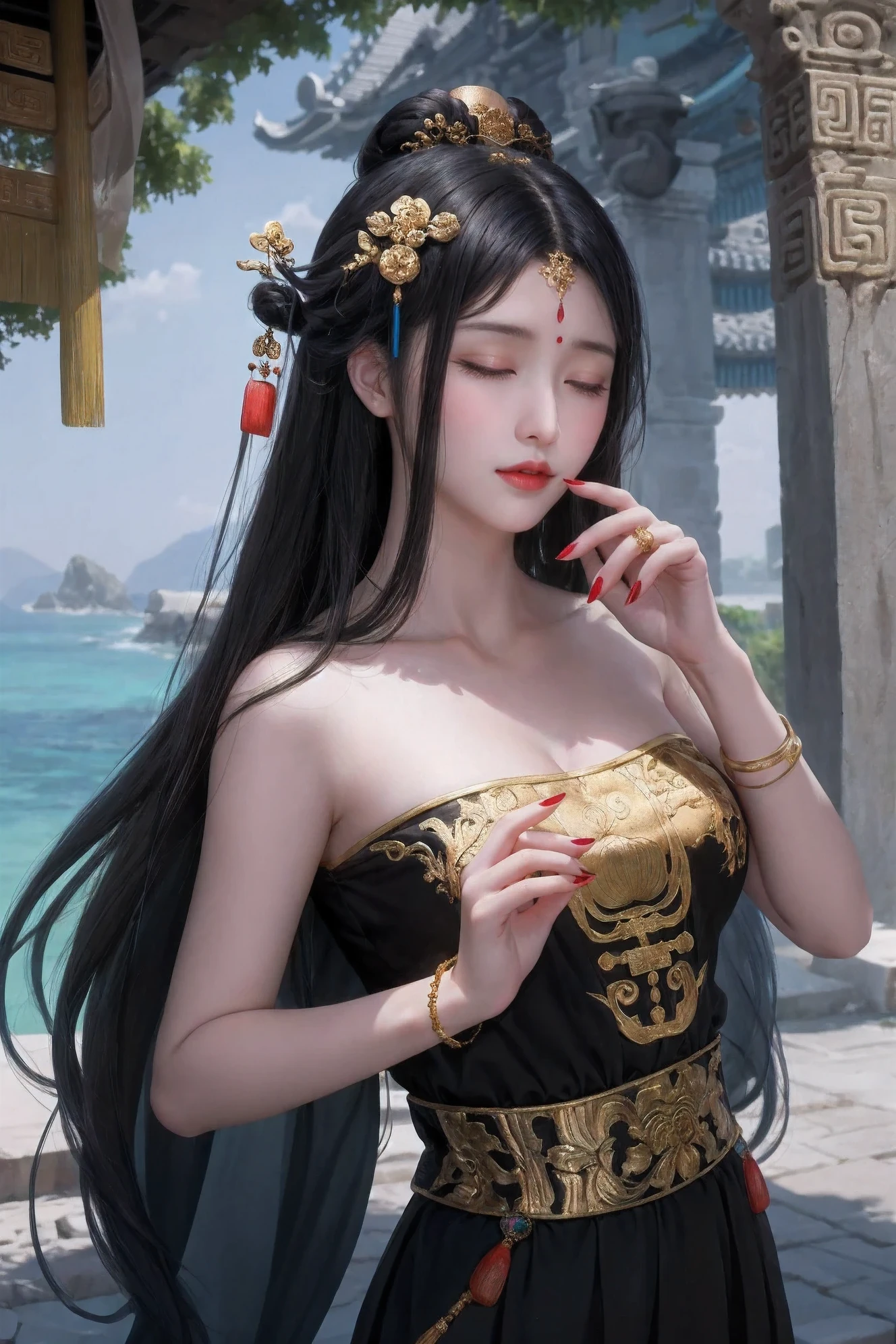 black_hair, 1girl, closed_eyes, long_hair, nail_polish, solo, jewelry,ancient art, chinese,