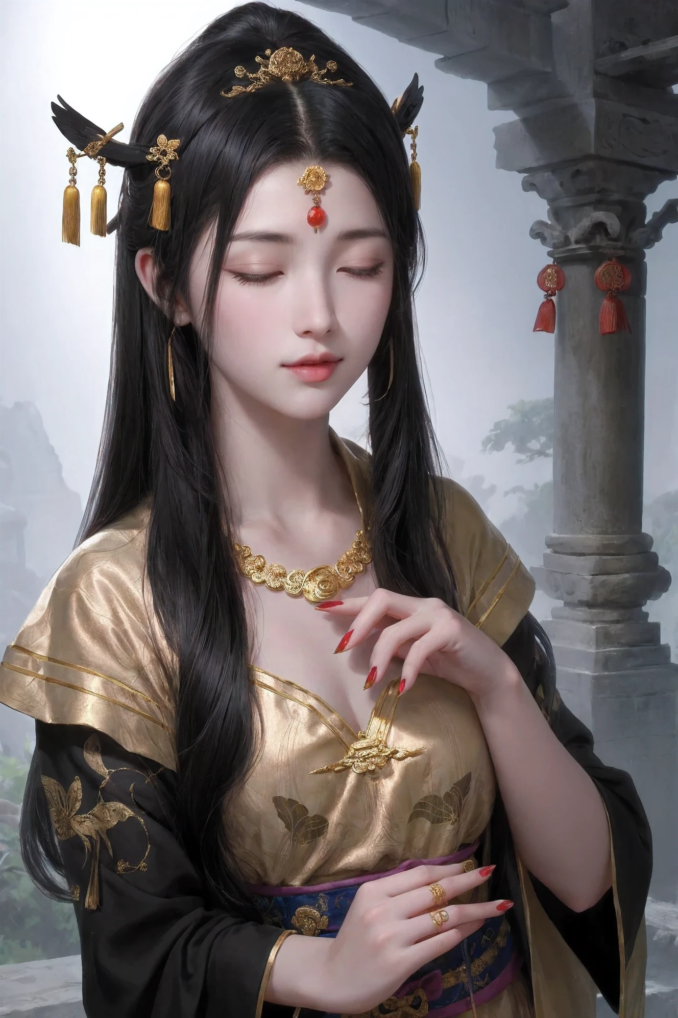 black_hair, 1girl, closed_eyes, long_hair, nail_polish, solo, jewelry,ancient art, chinese,