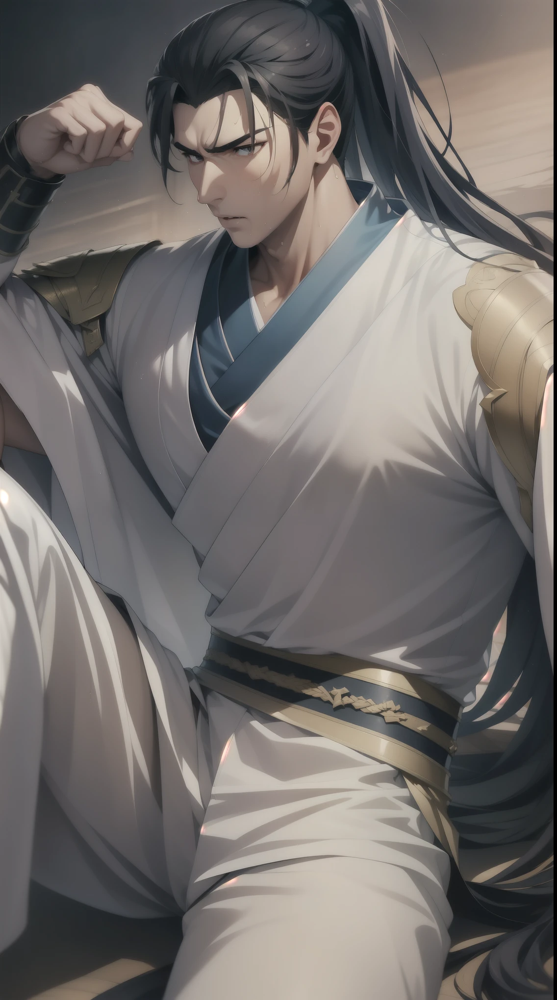 two-dimensional, anime style, man (male warrior), muscle, correct proportions, facial details, martial arts, high ponytail hairstyle, sweat, Sweating face, Slobber, neck detail, with Adam&#39;s apple, wet, wet, Hanfu costume, robe, 绣花robe, dragon robe, clothing details, collar, long sleeves, Game quality, swordsman demeanor, Ray tracing, Ray tracing, Details shine, CG rendering, hair details, long black hair, golden eyes, Sweating face, Handsome, Handsome, Sweat beads slid down my neck, (Youthful feeling), intricate clothing, wet, wet, perfect composition, Refinement, high quality, more details, many details, complex background, atmosphere,