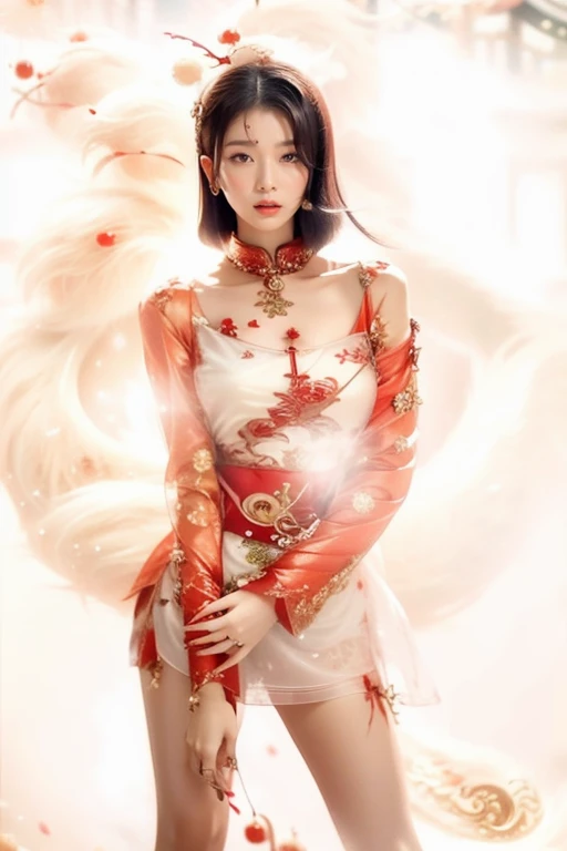 A Chinese beauty in a red dress，Surrounded by many cute dragons，The dragon has golden scales and embroidered patterns on its body，Full of Chinese New Year atmosphere，Incorporating Chinese dragon elements，Photography style using light and shadow，Use a wide aperture，Super detailed，High-resolution，High-quality。