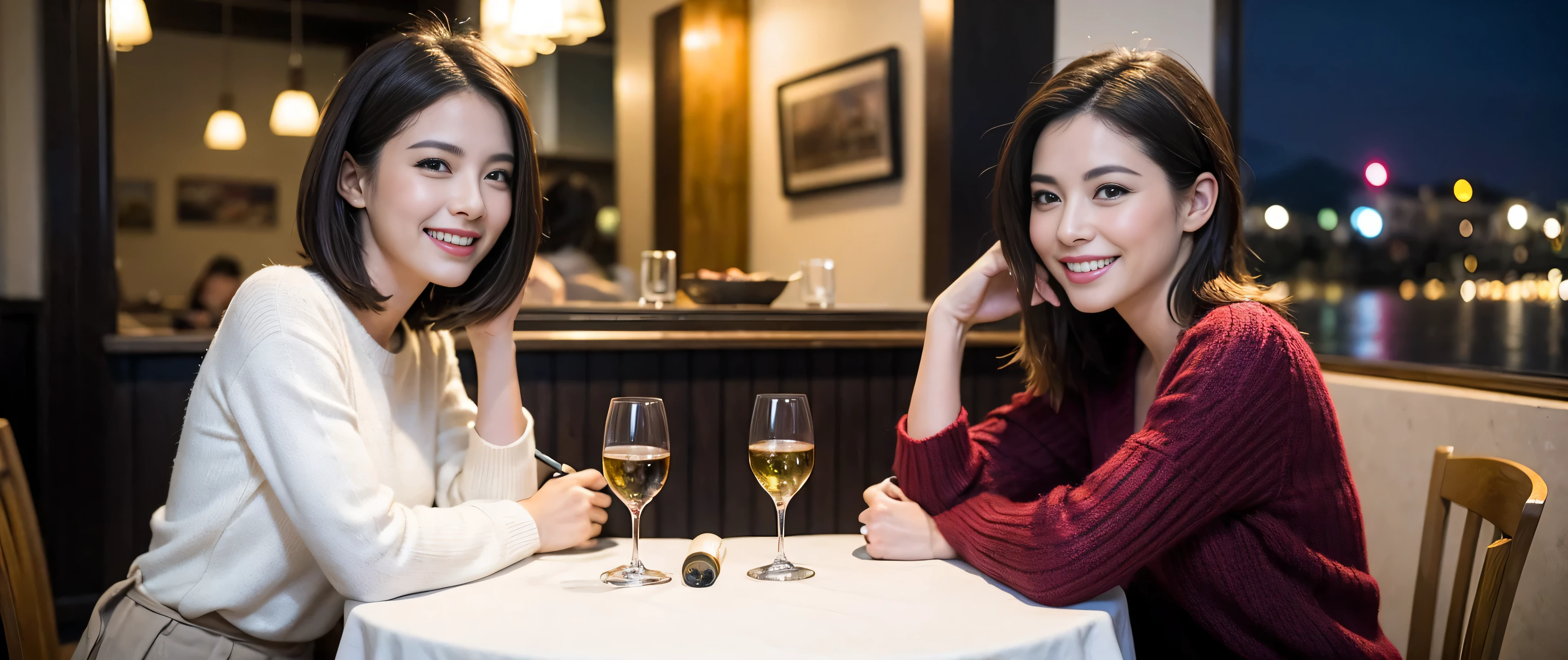 (including 64k、nffsw、highest quality、masterpiece:1.2)、(realistic、Photoreal:1.37)、Spectacular view of the sunset sky and clouds、Amazing mountain views、wine glass、while enjoying wine、mature woman、two beautiful women、(slim face)、(because I&#39;thin)、（brown hair）、(shortcut)、smileのフランス人女性、happy italian girl、british woman、Americana、cheeks slightly red、(38 years)、42 years old、red wine、窓の外には美しく緻密なnight景が広がります..、restaurant、目立つ場所にあるwine glass、night、(from the waist up)、sit on top、date、(laughter:1.15)、fine and beautiful eyes、cashmere sweater、long sleeve dress、Japanese、(short hair:1.2)、Float NovaFrogStyle、、modeled、from the waist up、White wine、turned into slime、wine glass、超綺麗なnight景、wine glassを真ん中に置きます、smile、(8k、RAW photo、highest quality、masterpiece:1.2)、(realistic、Photoreal:1.37)、Super detailed、超A high resolution、2 females、see the beholder、beautiful and detailed face、laughter、narrow、(slim waist) :1.3)、knit shirt、Fine and beautiful skin、skin texture、floating hair、professional light needle breast、kind eyes