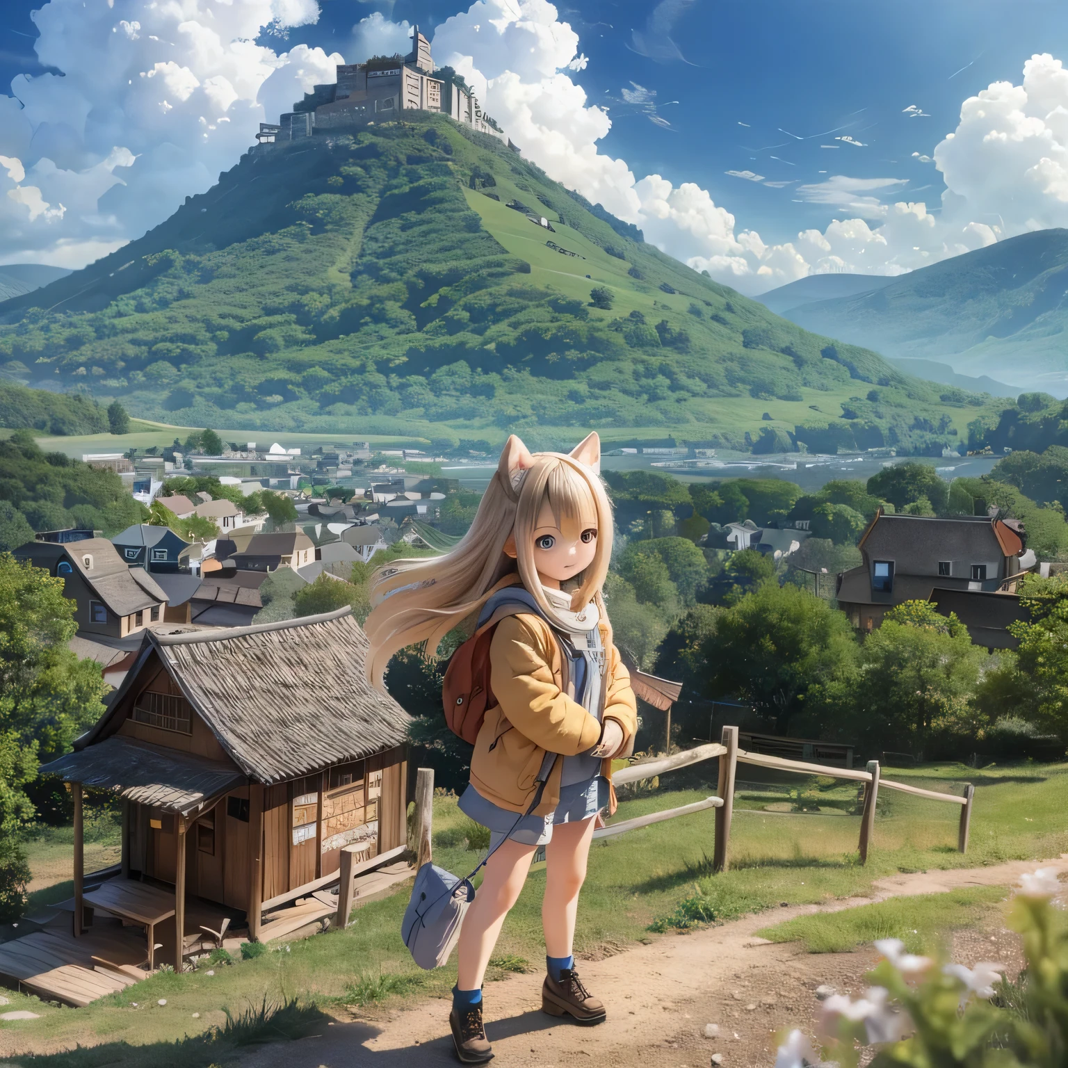 Rural scenery of Shiba Inu girl(((
A tall mountain)))