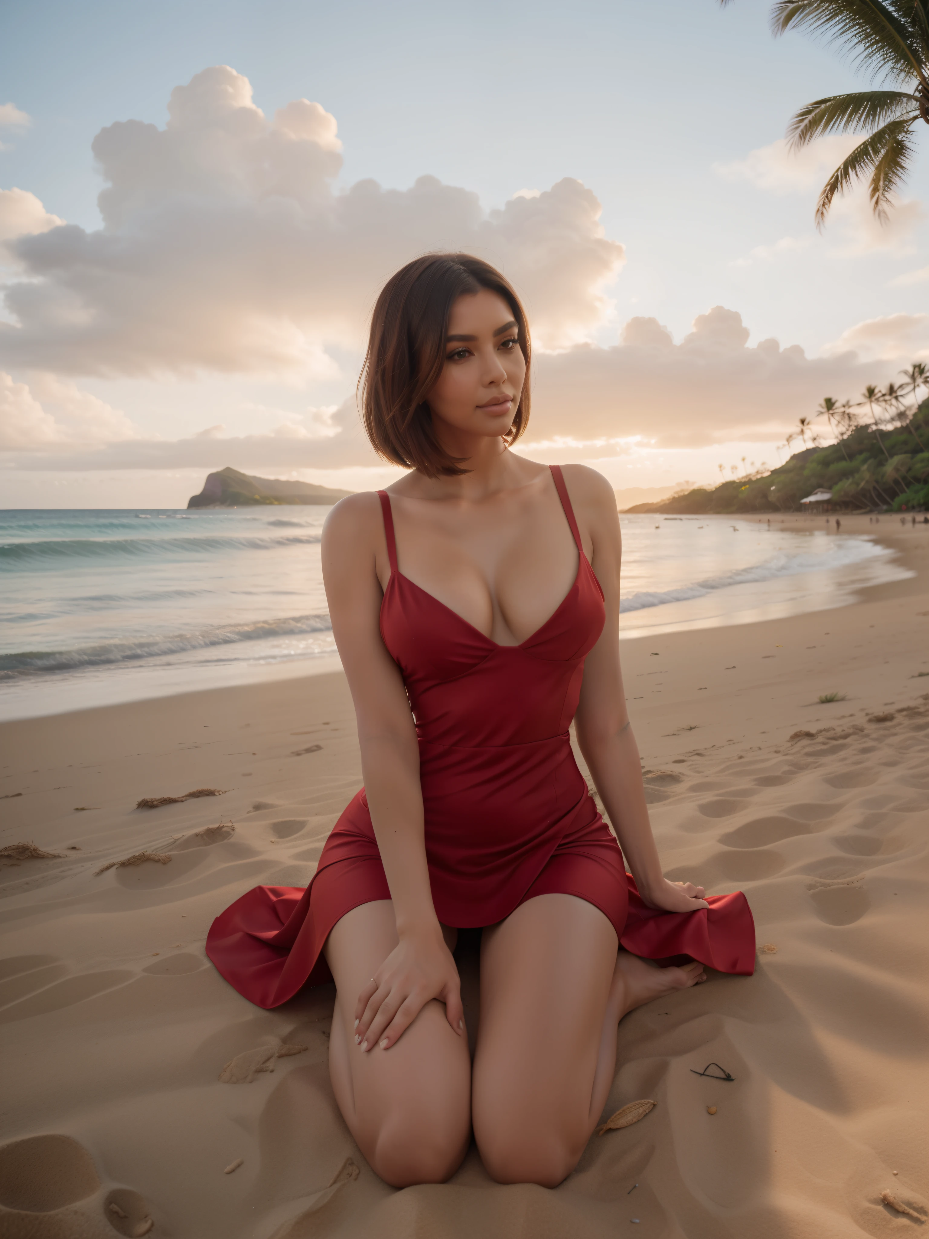 there are Palmiers sur la plage near the water, Hawaii beach, Hawaii, Come on, Come on springtime, Palmiers sur la plage, Waikiki Beach, heaven in the background, ( ( ( ( Come on ) ) ) ), ( ( ( Come on ) ) ), plage tropicale, plage tropicale paradise, Paysage tropical, at a plage tropicale, beautiful breathtaking beach, emplacement tropical. a woman in a robe rouge, Robe de feu, robe faite de plumes, red robe courte, Porter une robe à plumes, Robe de luxe, sexy robe rouge, robe fantaisie, robe sexy, robe rouge, High quality costume, beau costume, robe extravagante, rouge chaud, robe courte, robe faite de feu, red feathered wings. she has bob haircut; "Le corps de Kim Kardashian"Kim Kardashian bien roulée, bob haircut, cheveux courts. detailed legs, pieds nus, Bas, avec des chaussures, elle prend la pose. Elle est assise. Elle a un sourire narquois