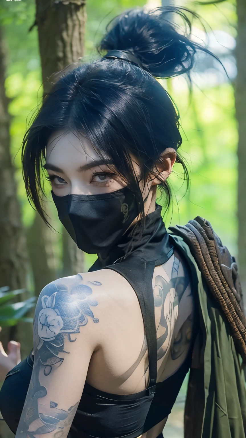 Akali masked shoulder tattoo in League of Legends，one person，wallpaper，Background in the forest，Game character design，high ponytail，Super light sense，female ninja。