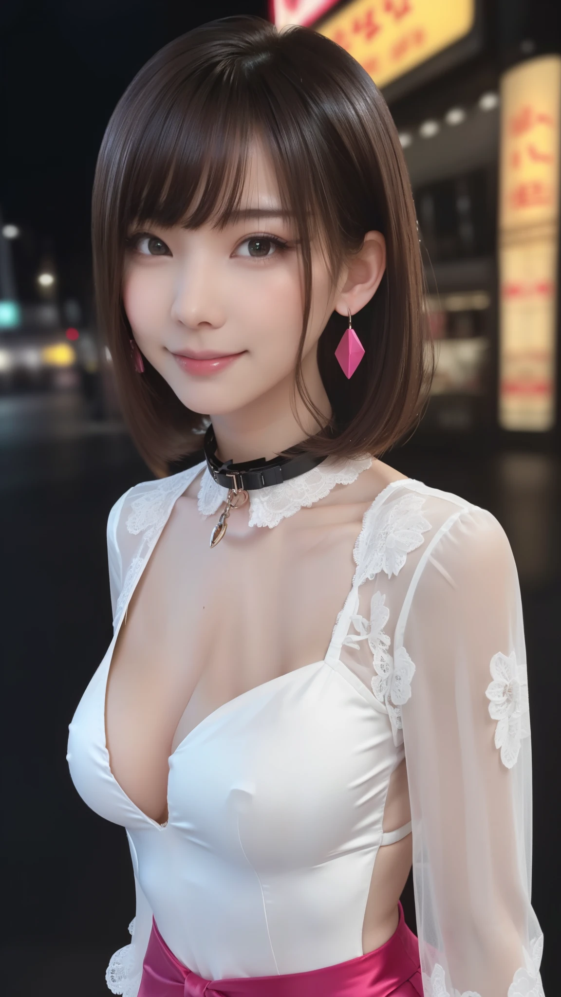 8k, table top, RAW photo, highest quality, realistic, Highly detailed CG Unity 8k wallpaper, written boundary depth, cinematic light, Lens flare, ray tracing, (very beautiful face, beautiful lips, beautiful eyes), face with intricate details, ((super dense skin)) 1 girl, in the dark, deep shadow, cute korean girl, Flashy makeup with red eyeshadow，her shortcut, Delicate light brown hair is slightly disheveled with side waves.，wearing large ring earrings，K-POPアイドル, 1 girl, (very slim and slender fit muscular body:1.3), ((looking at the viewer)),(big smile:1.3), (magenta and black blouse), (sleeve fashion city night, dark night, (neon sign), (blurred background), fashion street night),(no people in the background:1.3), beautiful earrings, bracelet, necklace, pantyhose, clear eyes, walk, (white skin), (big eye ace forward, ((upper body shot)), ((silk collar dress:1.3)),(brown hair),((tight fit lace dress)), (See through), (looking at the viewer:1.3) open chest, very slim, medium breasts, backtracking,((buckshot)), See through, Middle butt, mini skirt:1.5，up hair, From above:1.u can see the lines of the full back pants:1.4，