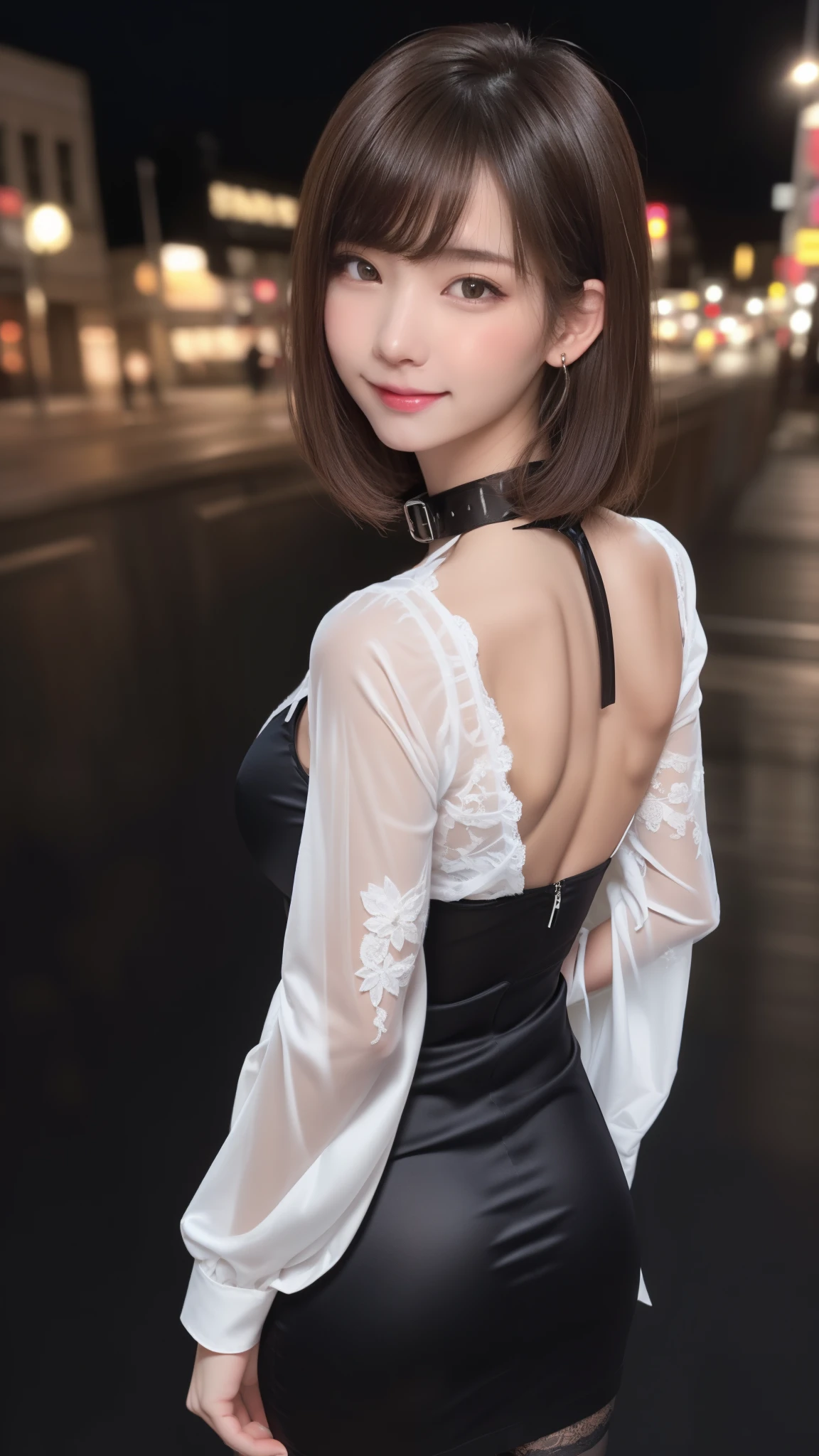 8k, table top, RAW photo, highest quality, realistic, Highly detailed CG Unity 8k wallpaper, written boundary depth, cinematic light, Lens flare, ray tracing, (very beautiful face, beautiful lips, beautiful eyes), face with intricate details, ((super dense skin)) 1 girl, in the dark, deep shadow, cute korean girl, Flashy makeup with red eyeshadow,her shortcut, Delicate light brown hair is slightly disheveled with side waves.,wearing large ring earrings,K-POPアイドル, 1 girl, (very slim and slender fit muscular body:1.3), ((looking at the viewer)),(big smile:1.3), (magenta and black blouse), (sleeve fashion city night, dark night, (neon sign), (blurred background), fashion street night),(no people in the background:1.3), beautiful earrings, bracelet, necklace, pantyhose, clear eyes, walk, (white skin), (big eye ace forward, ((upper body shot)), ((silk collar dress:1.3)),(brown hair),((tight fit lace dress)), (See through), (looking at the viewer:1.3) open chest, very slim, medium breasts, backtracking,((buckshot)), See through, Middle butt, mini skirt:1.5,up hair, From above:1.5,You can see the lines of the full back pants:1.4,