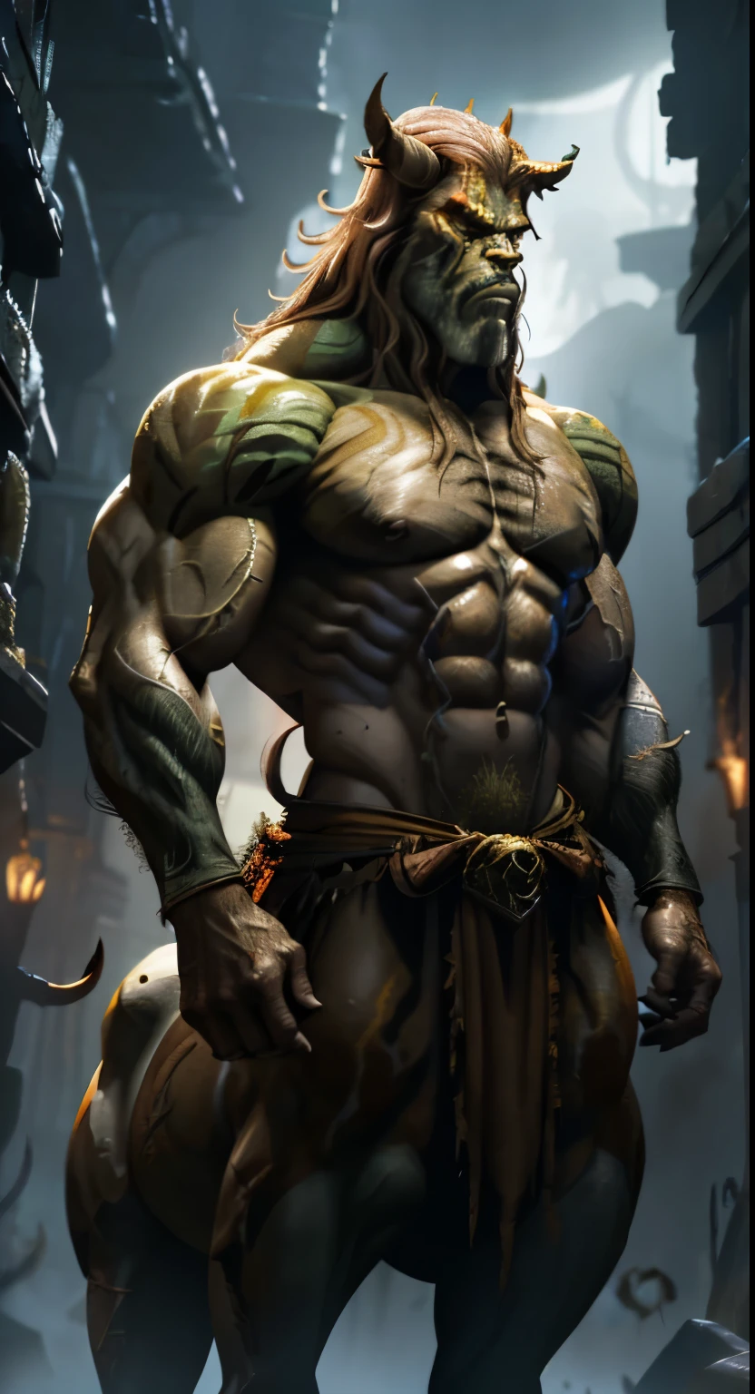 actor ((Ron Perlman)) as Motaro from Mortal Kombat, 1boy, towering and muscular ((centaur)), menacing horns on his head, green glowing eyes, hooves, 4 legs, wearing armor, intricate, high detail, sharp focus, dramatic, Centaurs