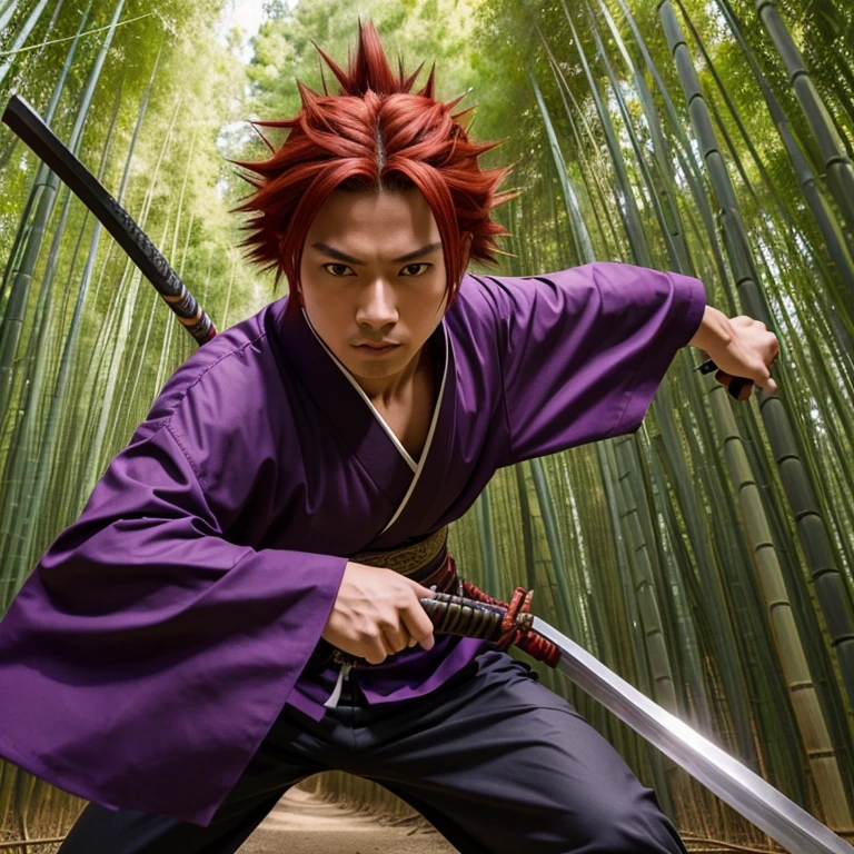 ((fully clothed)), high res, masterpiece,Kenma Kozume, 1 spiky red haired teen Samurai, holding katana in battle pose, purple kimono, bamboo forest, furtive eyes,  