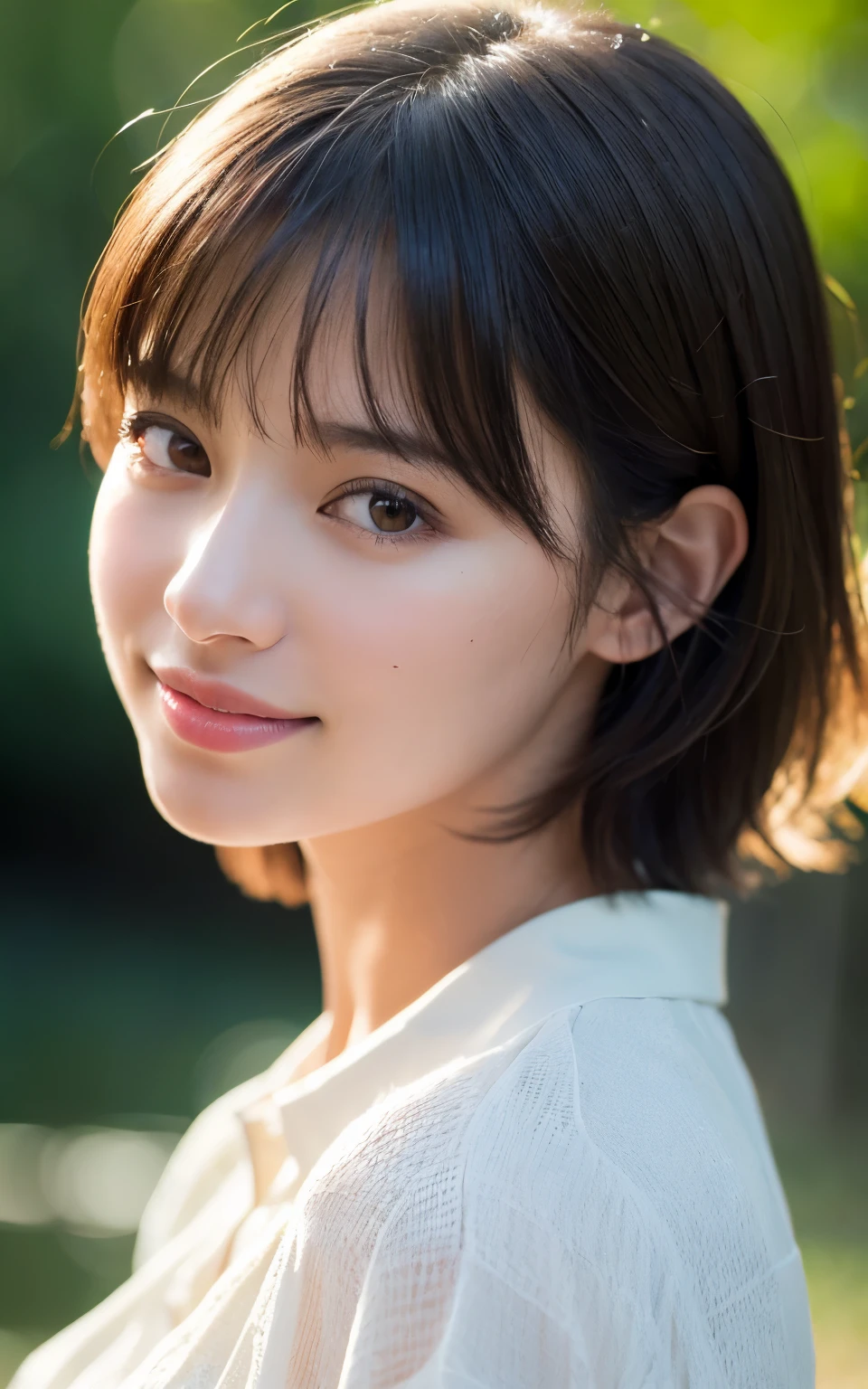 (Photoreal:1.4), (surreal:1.4), (smooth lighting:1.05), 1 girl, closed mouth, smile a little, pure beauty, 22 years ago, soft lighting, Backlight, (Finest realistic textured skin), narrow eyes, super detailed face, glowing skin, retina, anatomically correct, acura, Super detailed, rough skin, high quality, advanced details, 最high quality, High resolution,Morning forest with clear water flowing through it, short hair swaying in the wind, bangs, blouse