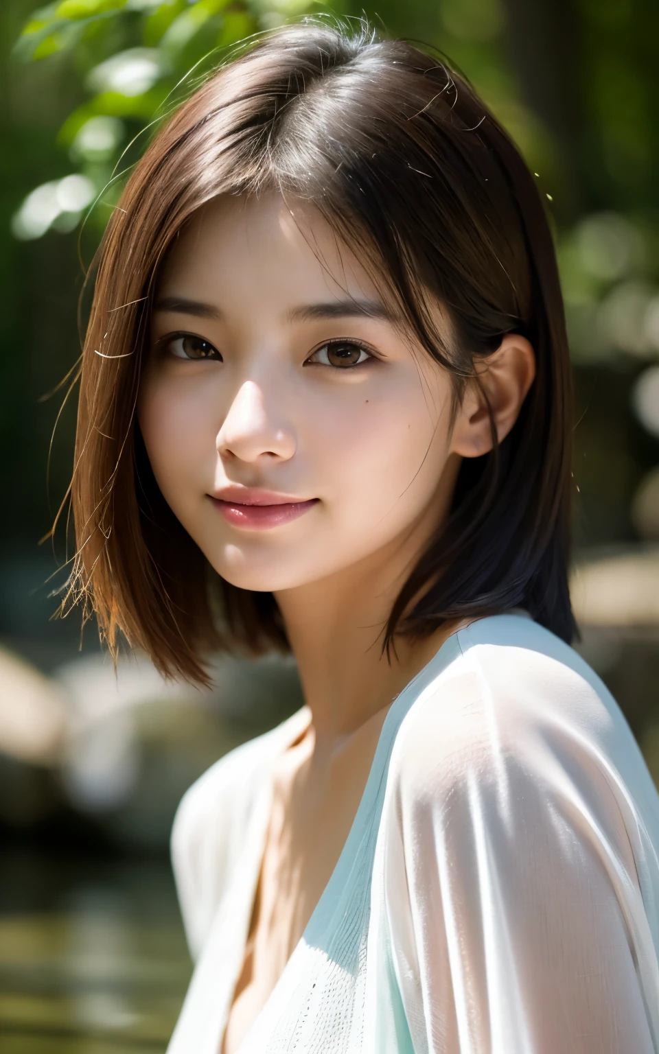 Masterpiece, best picture quality, high quality, beautiful woman, Japanese, detailed, detailed eyes, detailed skin, beautiful skin, ultra high resolution, (reality: 1.4),very beautiful, slightly younger face, beautiful skin, slender, (ultra realistic), (highresolution), (8K), (very detailed) (beautifully detailed eyes), (super detailed), (wallpaper), (detailed face), looking at viewer, fine details, detailed face, smiling, looking straight ahead, looking straight ahead, angle from waist up, realistic photo, bright lighting, professional lighting, mature woman, (Brown hair, bob hair, layer cut, swaying in the wind, Bangs),