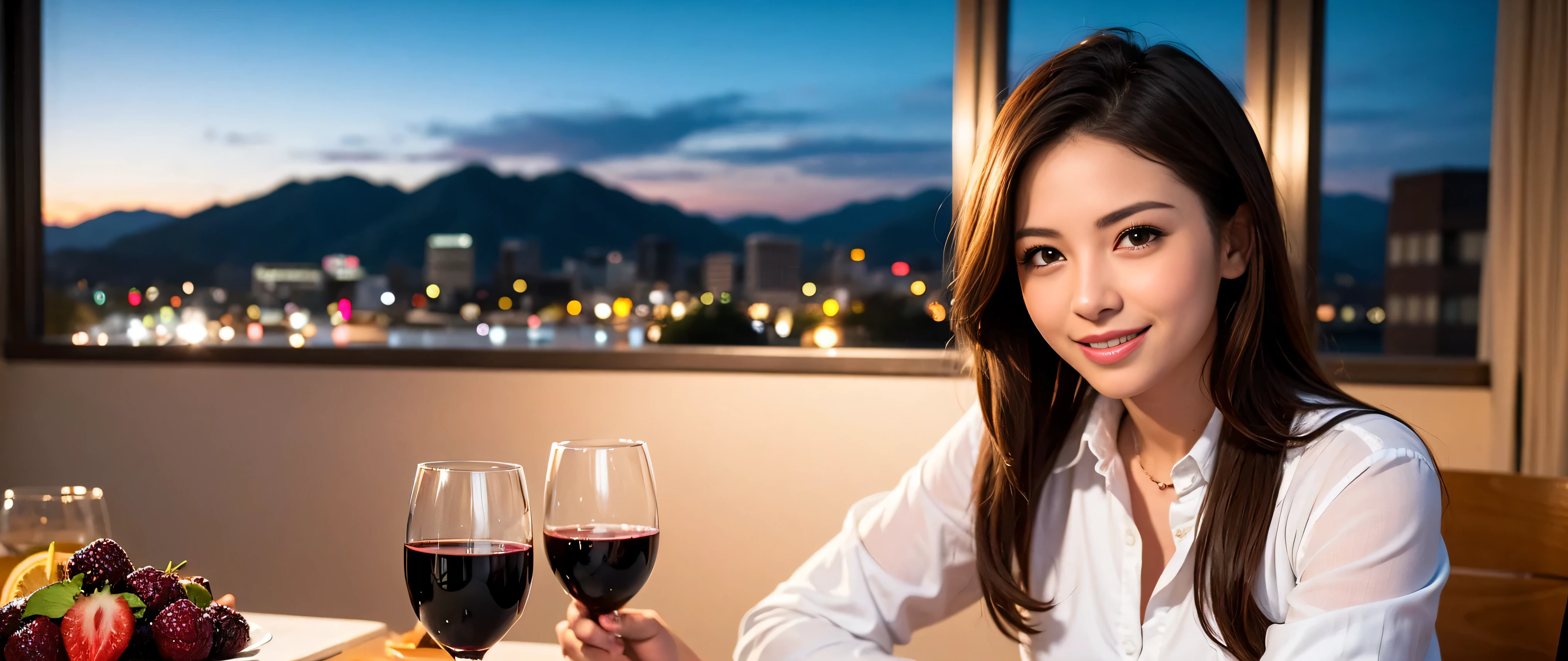64k, Hmm, highest quality, masterpiece: 1.2), (realistic, photorealistic: 1.37), Spectacular view of the sunset sky and clouds、Amazing mountain views、slimな美女3名, (slimフェイス),Happy、 最高なsmile、Fox face、Berry Short、(because I'thin), (brown hair), (shortcut), long sleeve shirt、winter fashion、Colombian、Brazilian、Japanese、Dutch、German、Portuguese、Belgian、Italian、French,Champagne、sparkling wine、 (Squirting), (slimボティ), (brown hair), (shortcut), neat beauty、cheeks turn a little red, (35 years old), 38 years old, alone, A beautiful and detailed night view spreads out outside the window......, restaurant, wine glassが座っている, At night, in a prominent place (from the Upper body) nova frog style, actress, model, Upper body, White wine, slim, wine glass, Very beautiful night view, wine glass Put in the Middle, Happy smile, (smile: 1.15),