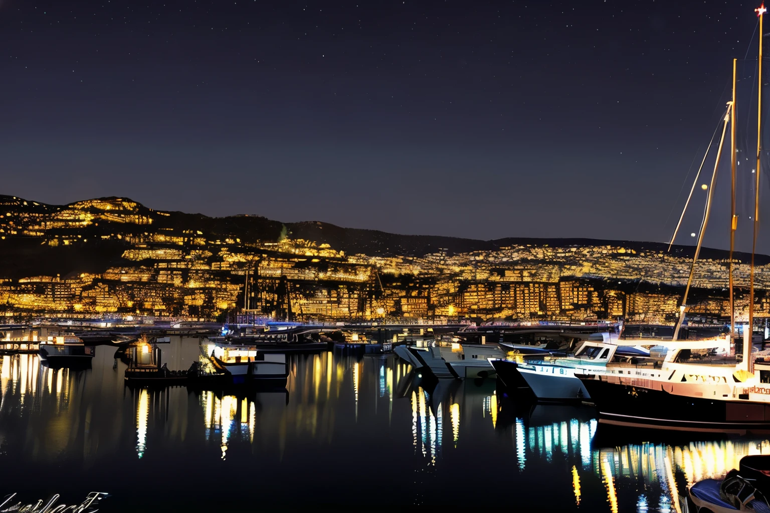 Harbor Lights: The twinkling lights of boats and ships in a harbor, reflecting off the water's surface and creating a picturesque scene.