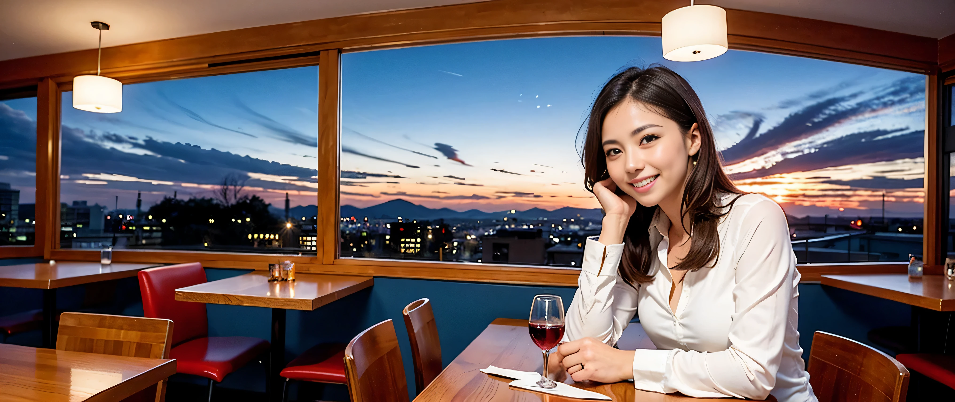 64k, Hmm, highest quality, masterpiece: 1.2), (realistic, photorealistic: 1.37), Spectacular view of the sunset sky and clouds、Amazing mountain views、slimな美女3名, (slimフェイス),Happy、 最高なsmile、Fox face、Berry Short、(because I'thin), (brown hair), (shortcut), long sleeve shirt、winter fashion、Colombian、Brazilian、Japanese、Dutch、German、Portuguese、Belgian、Italian、French,Champagne、sparkling wine、 (Squirting), (slimボティ), (brown hair), (shortcut), neat beauty、cheeks turn a little red, (35 years old), 38 years old, alone, A beautiful and detailed night view spreads out outside the window......, restaurant, wine glassが座っている, At night, in a prominent place (from the Upper body) nova frog style, actress, model, Upper body, White wine, slim, wine glass, Very beautiful night view, wine glass Put in the Middle, Happy smile, (smile: 1.15),