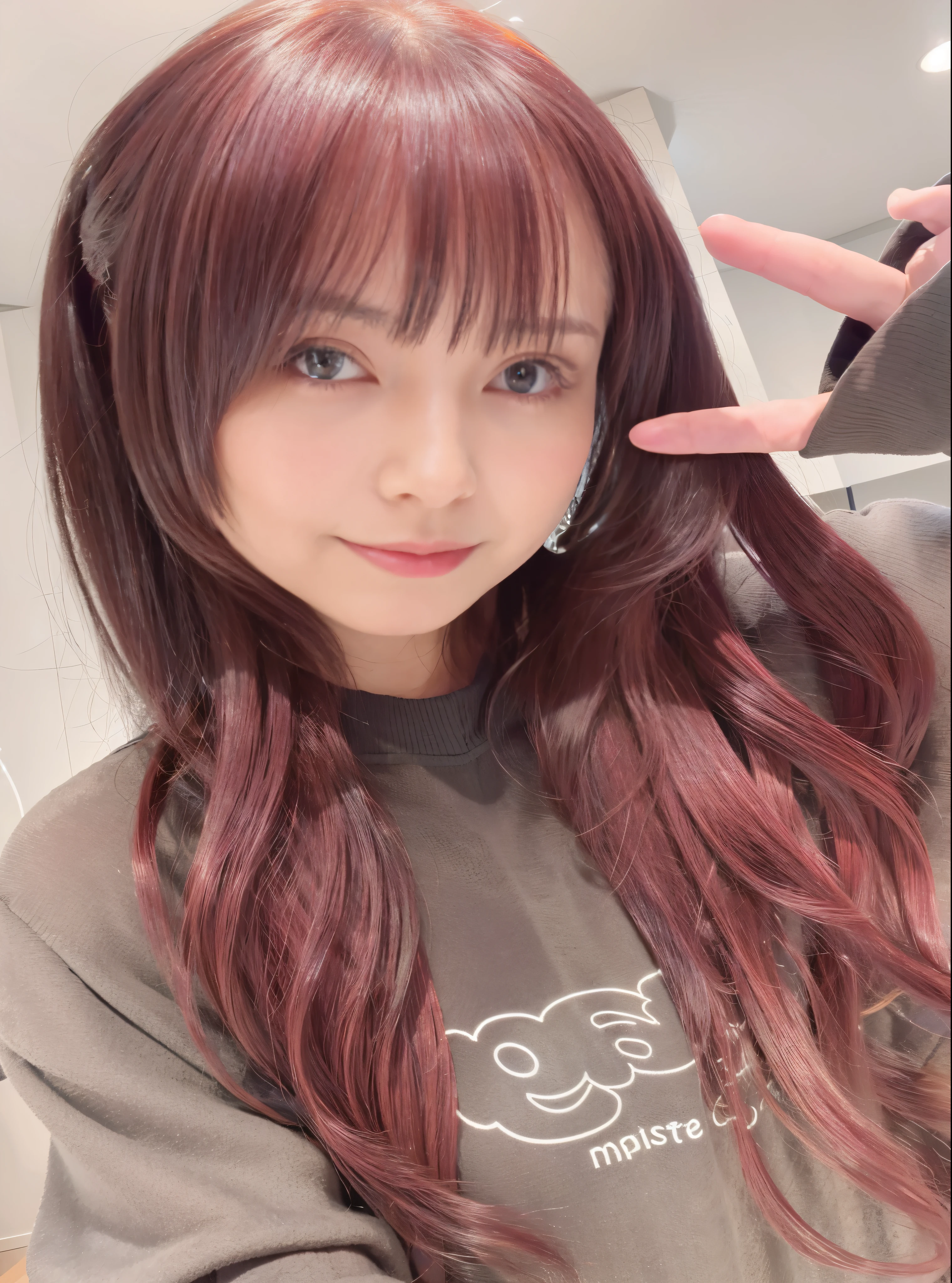 has long red hair and bangs、Woman in Alafe posing for photo, Yoshitomo Nara, Ulzzang, Chiho, sakimi chan, sakimichan, deayami kojima, Cute girl - well-groomed face, Belle Delphine, lena name year style 3/4, cute hairstyle