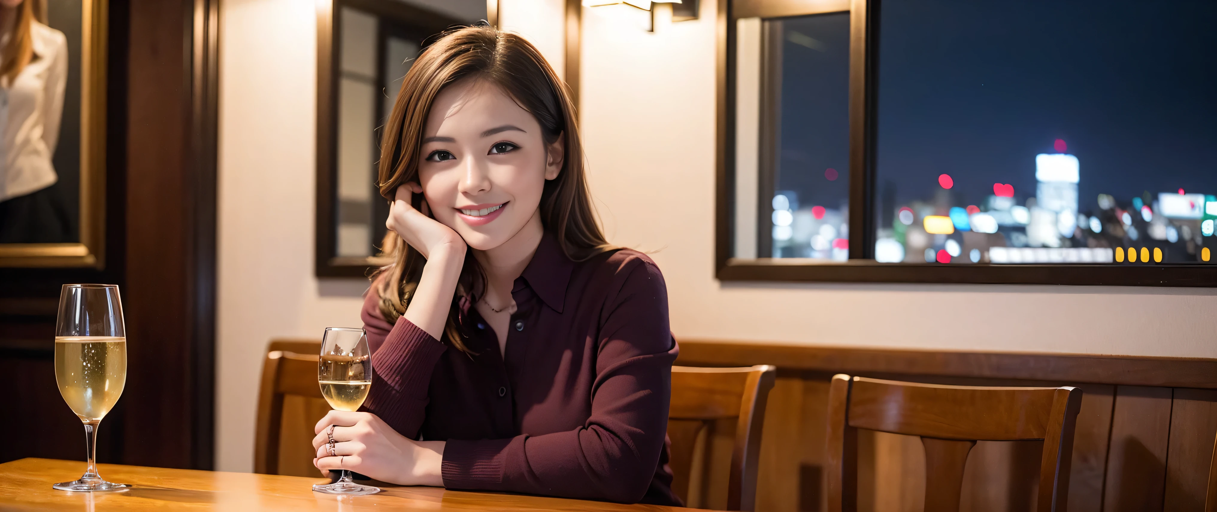 64k, Hmm, highest quality, masterpiece: 1.2), (realistic, photorealistic: 1.37), Spectacular view of the sunset sky and clouds、Amazing mountain views、slimな美女3名, (slimフェイス),Happy、 最高なsmile、Fox face、Berry Short、(because I'thin), (brown hair), (shortcut), long sleeve shirt、winter fashion、Colombian、Brazilian、Japanese、Dutch、German、Portuguese、Belgian、Italian、French,Champagne、sparkling wine、 (Squirting), (slimボティ), (brown hair), (shortcut), neat beauty、cheeks turn a little red, (35 years old), 38 years old, alone, A beautiful and detailed night view spreads out outside the window......, restaurant, wine glassが座っている, At night, in a prominent place (from the Upper body) nova frog style, actress, model, Upper body, White wine, slim, wine glass, Very beautiful night view, wine glass Put in the Middle, Happy smile, (smile: 1.15),