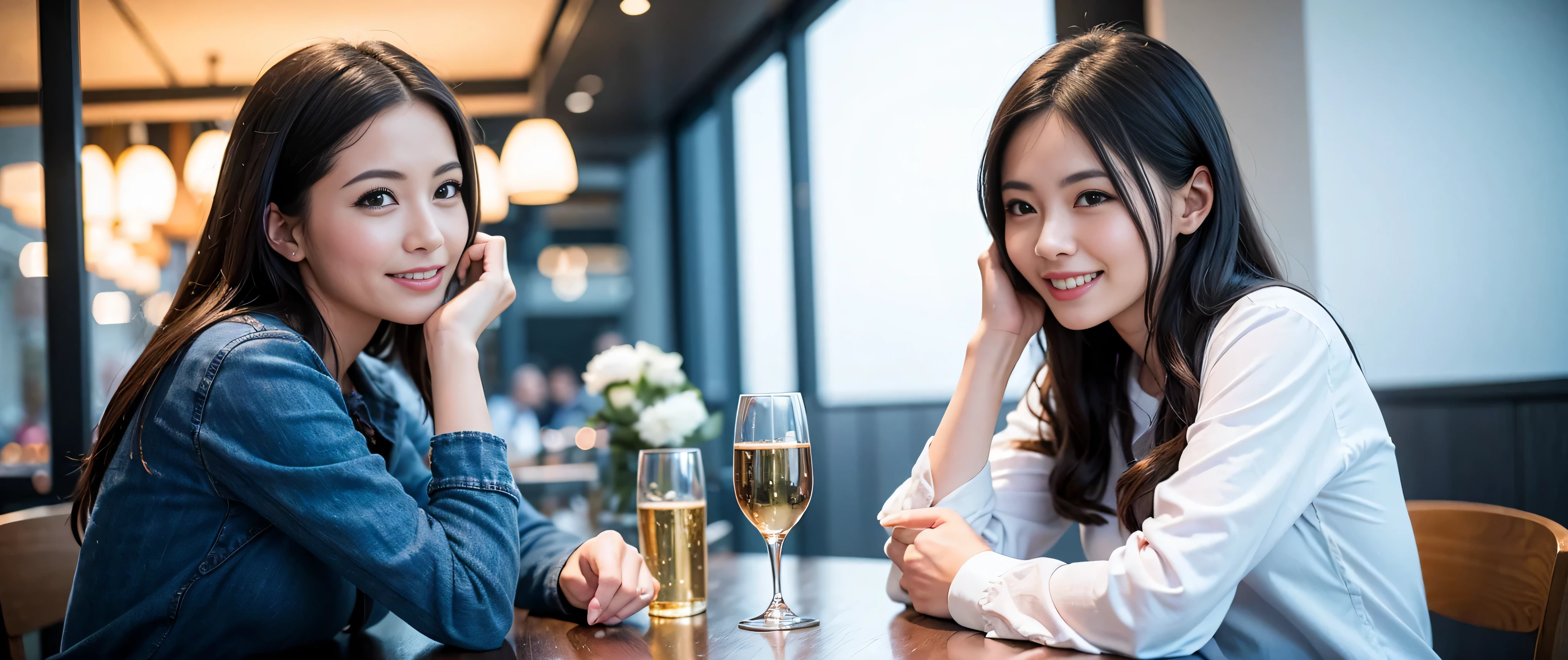 64k, Hmm, highest quality, masterpiece: 1.2), (realistic, photorealistic: 1.37), amazing sunset view、slimな美女3名, (slimフェイス),Happy、 最高なsmile、Fox face、Berry Short、(because I'thin), (brown hair), (shortcut), long sleeve shirt、winter fashion、Colombian、Brazilian、Japanese、Dutch、German、Portuguese、Belgian、Italian、French,Champagne、sparkling wine、 (squirt), (slimボティ), (brown hair), (shortcut), neat beauty、cheeks turn a little red, (35 years old), 38 years old, alone, A beautiful and detailed night view spreads out outside the window....., restaurant, wine glassが座っている, At night, in a prominent place (from the Upper body) nova frog style, actress, model, Upper body, White wine, slim, wine glass, Very beautiful night view, wine glass Put in the Middle, Happy smile, (smile: 1.15),
