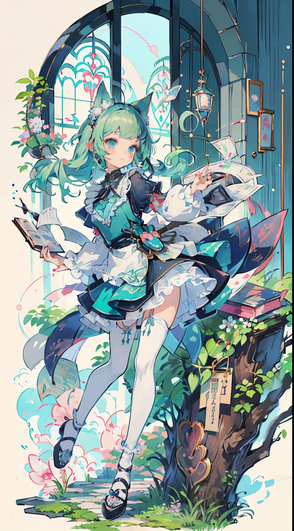 ((table top, highest quality: 1.1), ((Anime girl in a blue dress with a magic wand)), art nouveau、Anime cat girl wearing a maid costume, , ((Green hairs))、long haired person、((Eyes that shine like jewels, long eyelashes, and a sense of transparency))、Very Beautiful Anime cat girl, アニメcat girl, ((white knee highs)), 魅力的なcat girl, I'm at the candy store,Inspired by Leiko Ikemura, Aya Takano color style, in ryuuou no oshigoto art style, cat girl, A character you admire, rei hiroe、Smiling