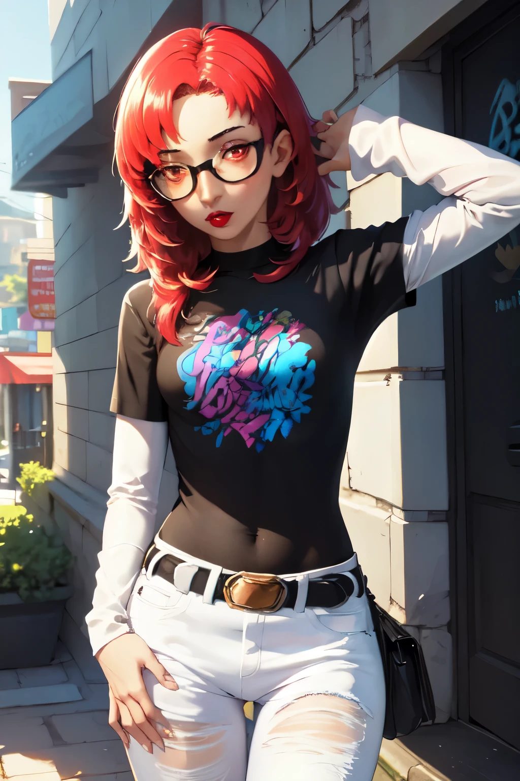 masterpiece, best quality, defHapi, 1girl, solo, standing, black t-shirt, white shirt, blue jeans, belt, lipstick, eyewear on head,