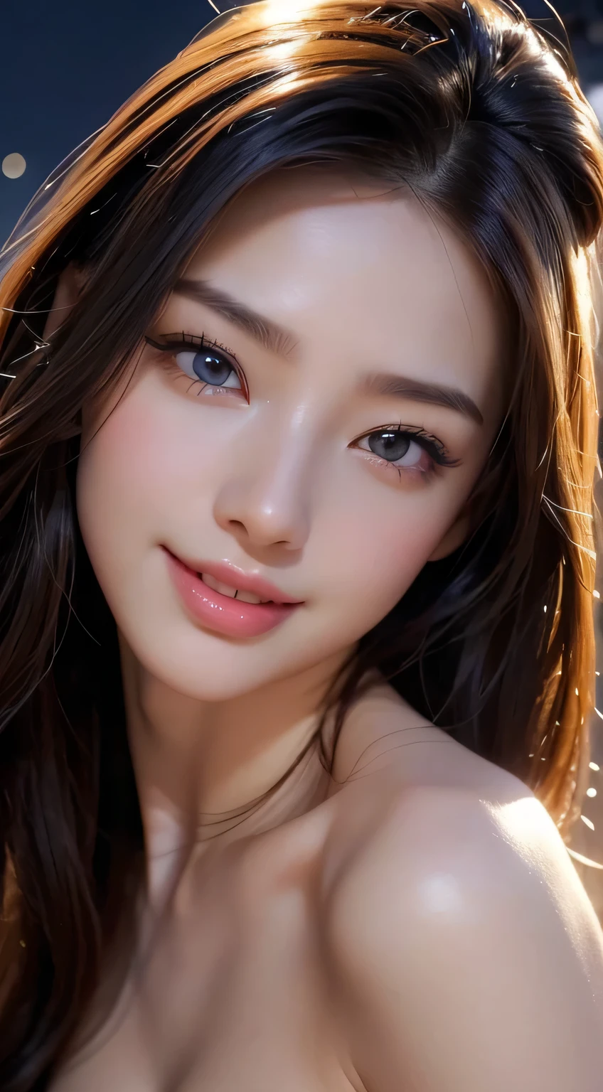 Beautiful woman in kimono,body portrait、8k,thin and beautiful eyes,Dindal effect、masterpiece, 最high quality, high quality, High resolution、very detailed写真、(natural skin texture、fine skin、hyper realism、Super sharpness)、high detail skin、(very detailed、fine skinの質感、intricate details、beautiful face、(lifelike face)、realistic eyes、beautiful and detailed eyes、real looking skin、beautiful skin、surreal、very detailed、golden ratio、with smiling eyes、((night moonlight background))、G cup、erotic body、body portrait、shiny bodysuit、beautiful feet、Take a full body photo