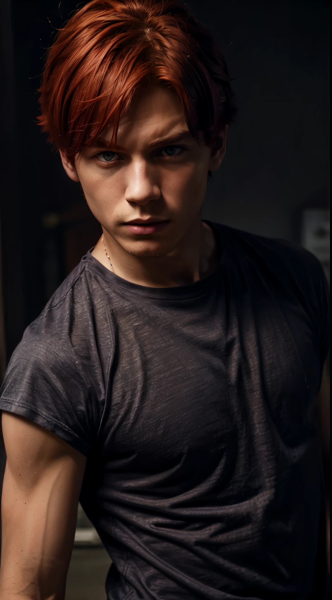 ((1boy)),solo leveling, ((red haired)), highres,high quality,realistic, masterpiece,has a purple aura outside his clothes, wearing a red,costume, l, angry ,badas, perfect fingers,face to face,close mouth, depth of field, sketch, dark intense shadows, sharp focus, soft lighting, hdr, colorful, good composition, smoke all around, spectacular, closed shirt, anime screencap,