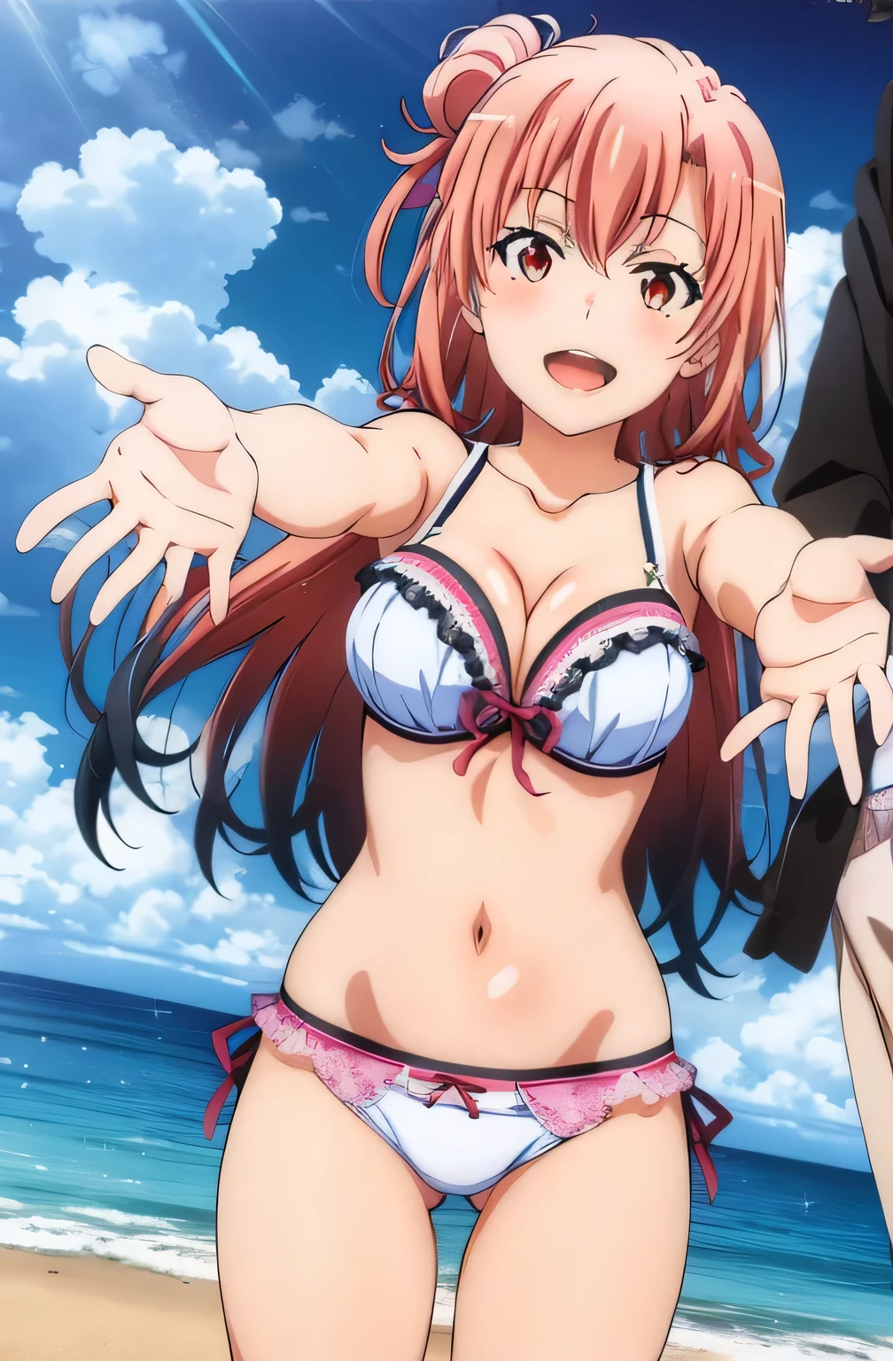 ((2 girls)) , (Yukinoshita Yukino) , (Yuigahama Yui) , Yuigahama Yui has big breasts, waltz dance arms crossed,,Ocean, In underwear,Yuigahama Yui pink pants,Pussy,urethra,,Yukinoshita Yukino in white panties,high angle,cowboy shot,thighs,looking at camera,from the front