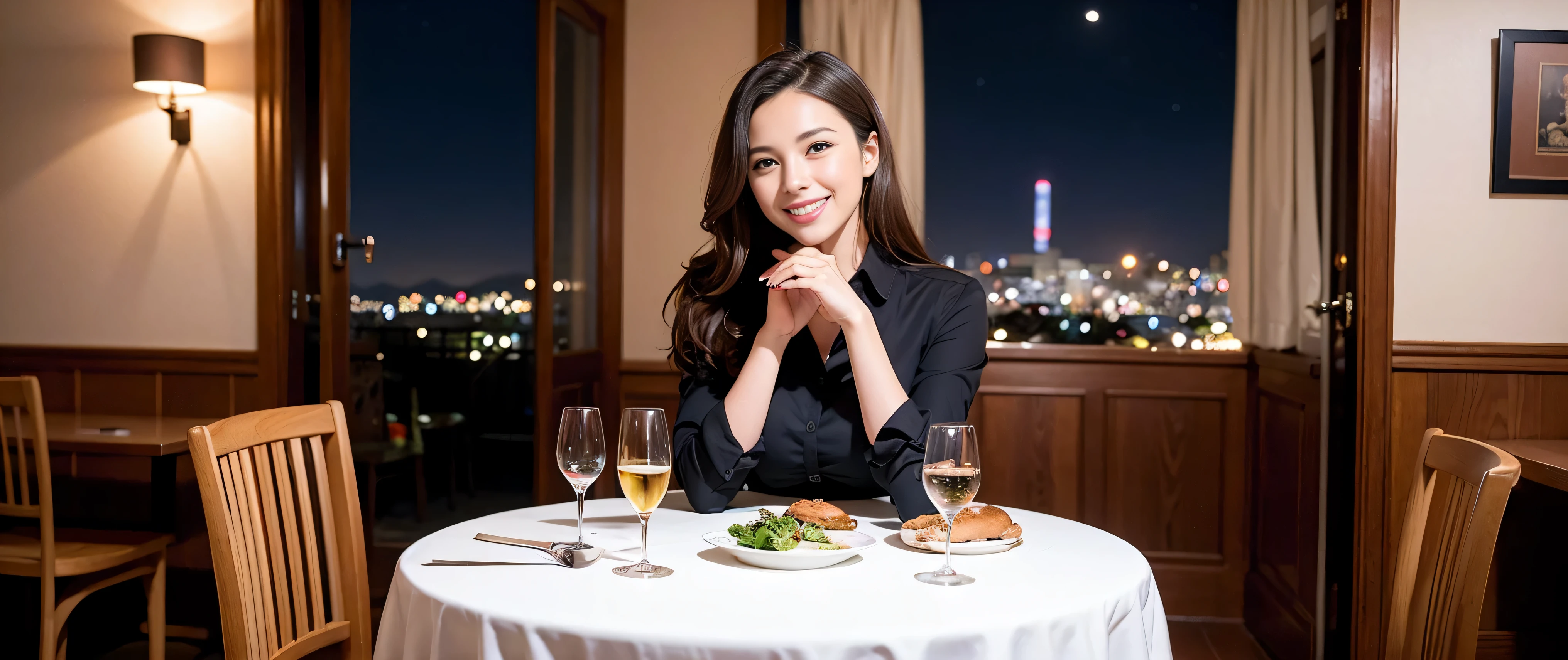 64k, Hmm, highest quality, masterpiece: 1.2), (realistic, photorealistic: 1.37), Spectacular view of the sunset sky and clouds、Amazing mountain views、slimな美女3名, (slimフェイス),Happy、 最高なsmile、Fox face、Berry Short、(because I'thin), (brown hair), (shortcut), long sleeve shirt、winter fashion、Colombian、Brazilian、Japanese、Dutch、German、Portuguese、Belgian、Italian、French,Champagne、sparkling wine、 (Squirting), (slimボティ), (brown hair), (shortcut), neat beauty、cheeks turn a little red, (35 years old), 38 years old, alone, A beautiful and detailed night view spreads out outside the window......, restaurant, wine glassが座っている, At night, in a prominent place (from the Upper body) nova frog style, actress, model, Upper body, White wine, slim, wine glass, Very beautiful night view, wine glass Put in the Middle, Happy smile, (smile: 1.15),