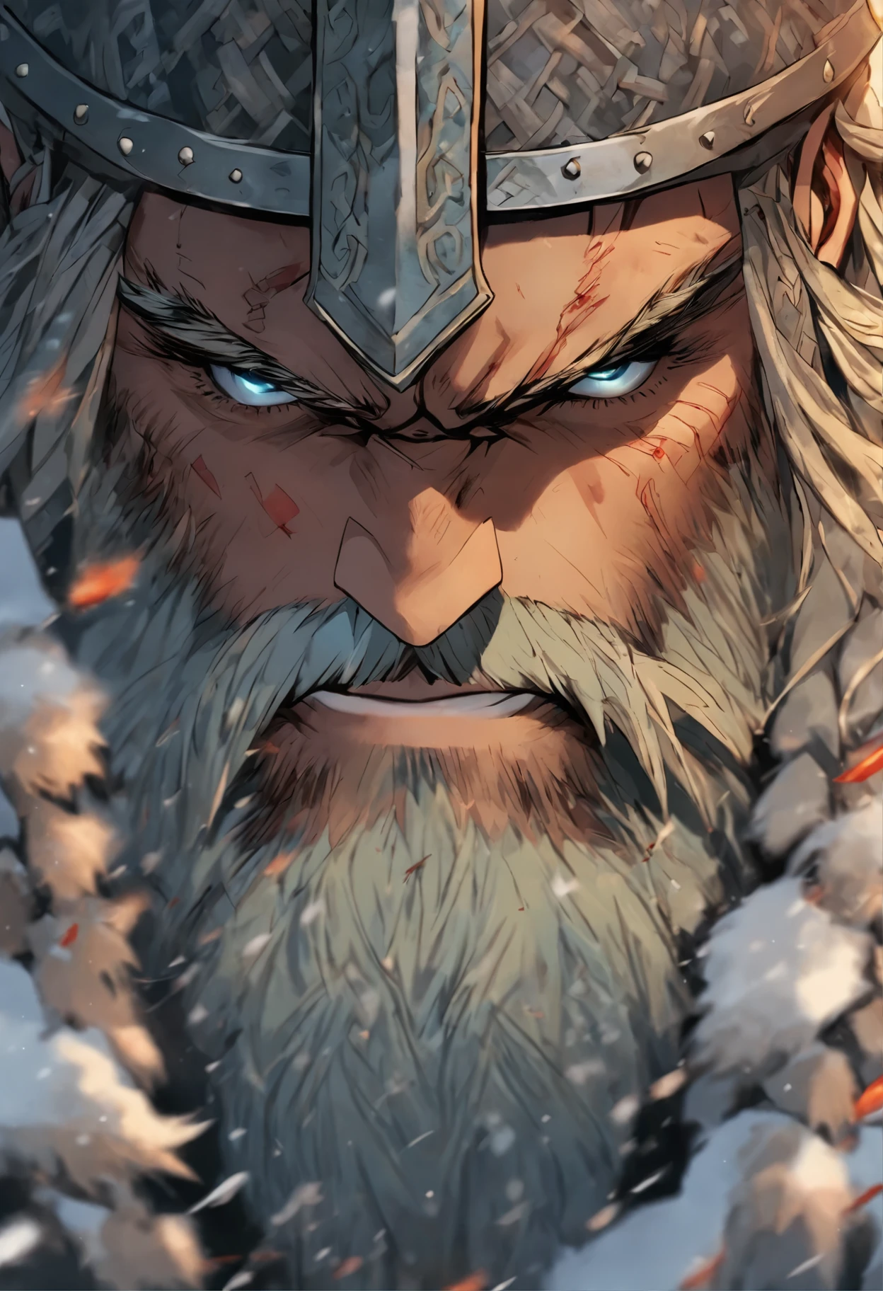 O rei guerreiro viking mais cruel, Cabelo loiro, olhos azuis brilhantes, armadura de batalha viking altamente detalhada, segurando um machado de batalha, Tatuagens e piercings, sangue respingado, winter post-apocalyptic world, Obra-prima perfeita, alta qualidade, high resolution