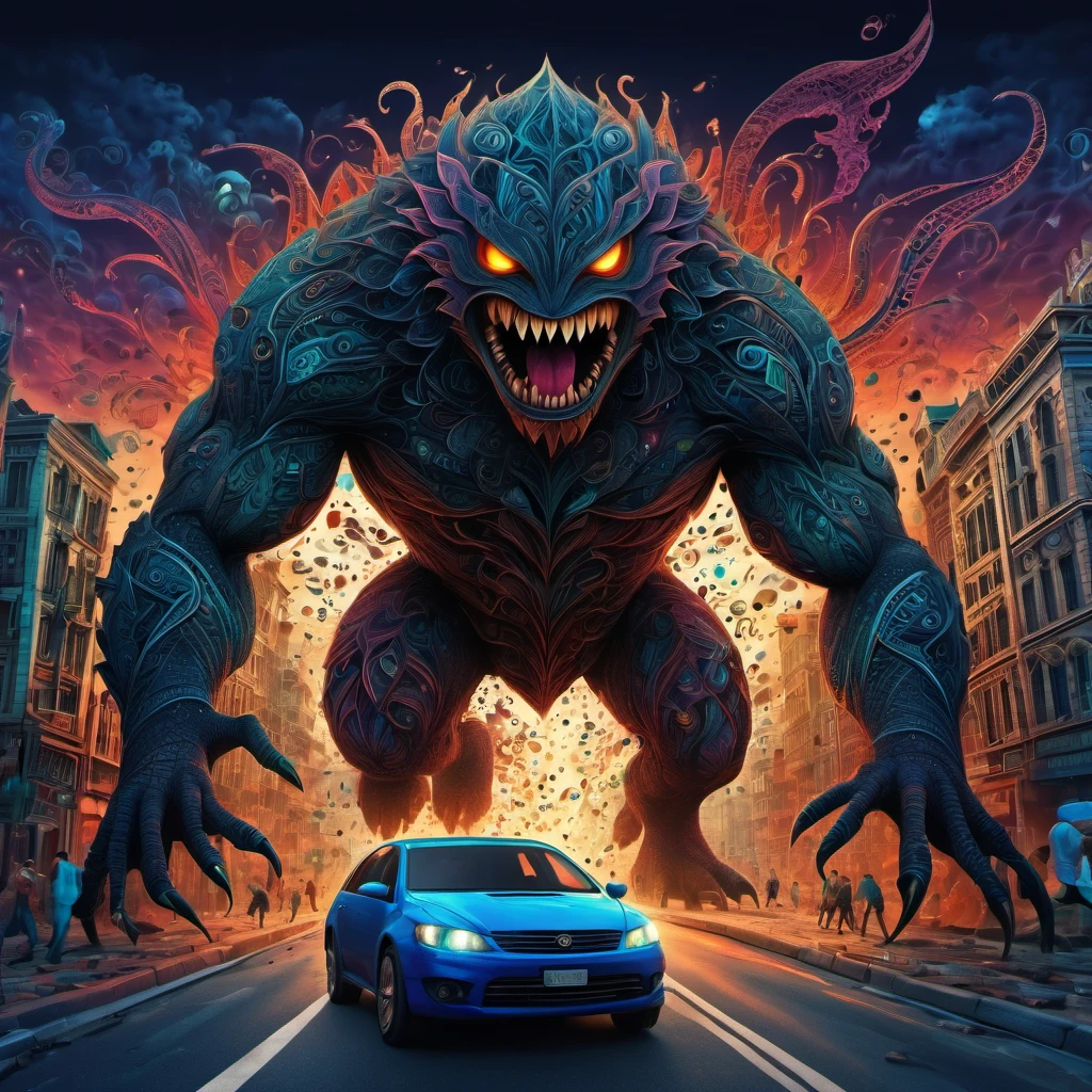(best quality, highres, ultra sharp), magical ,giant creature of the dark, extreme bigger than buildings, breaking buildings and cars, in the street next a city, zentangle, full colored, 3d crunch, realistic feeling, terrorific scene, people running, panic, cars, buses, dark tones,