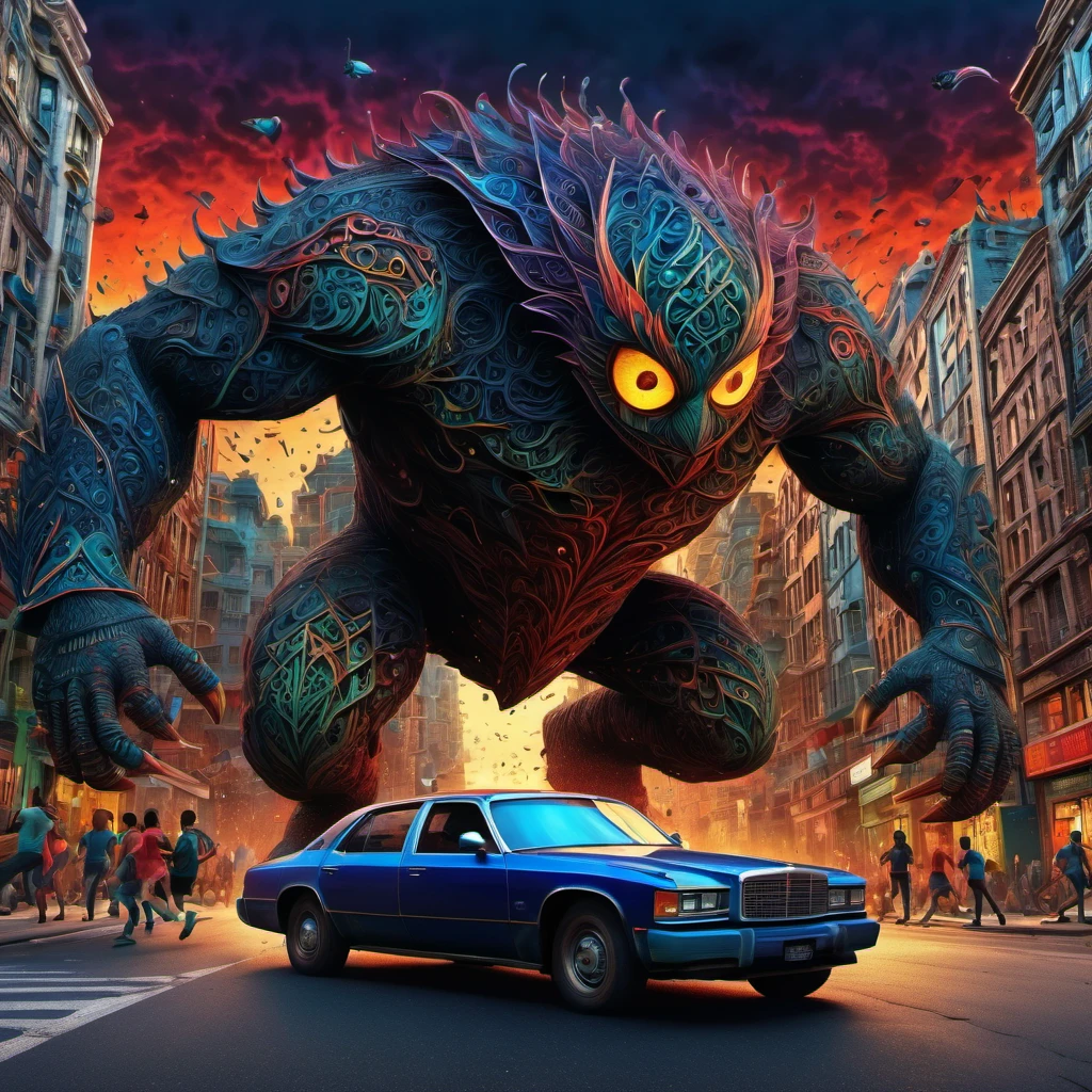 (best quality, highres, ultra sharp), magical ,giant creature of the dark, extreme bigger than buildings, breaking buildings and cars, in the street next a city, zentangle, full colored, 3d crunch, realistic feeling, terrorific scene, people running, panic, cars, buses, dark tones,