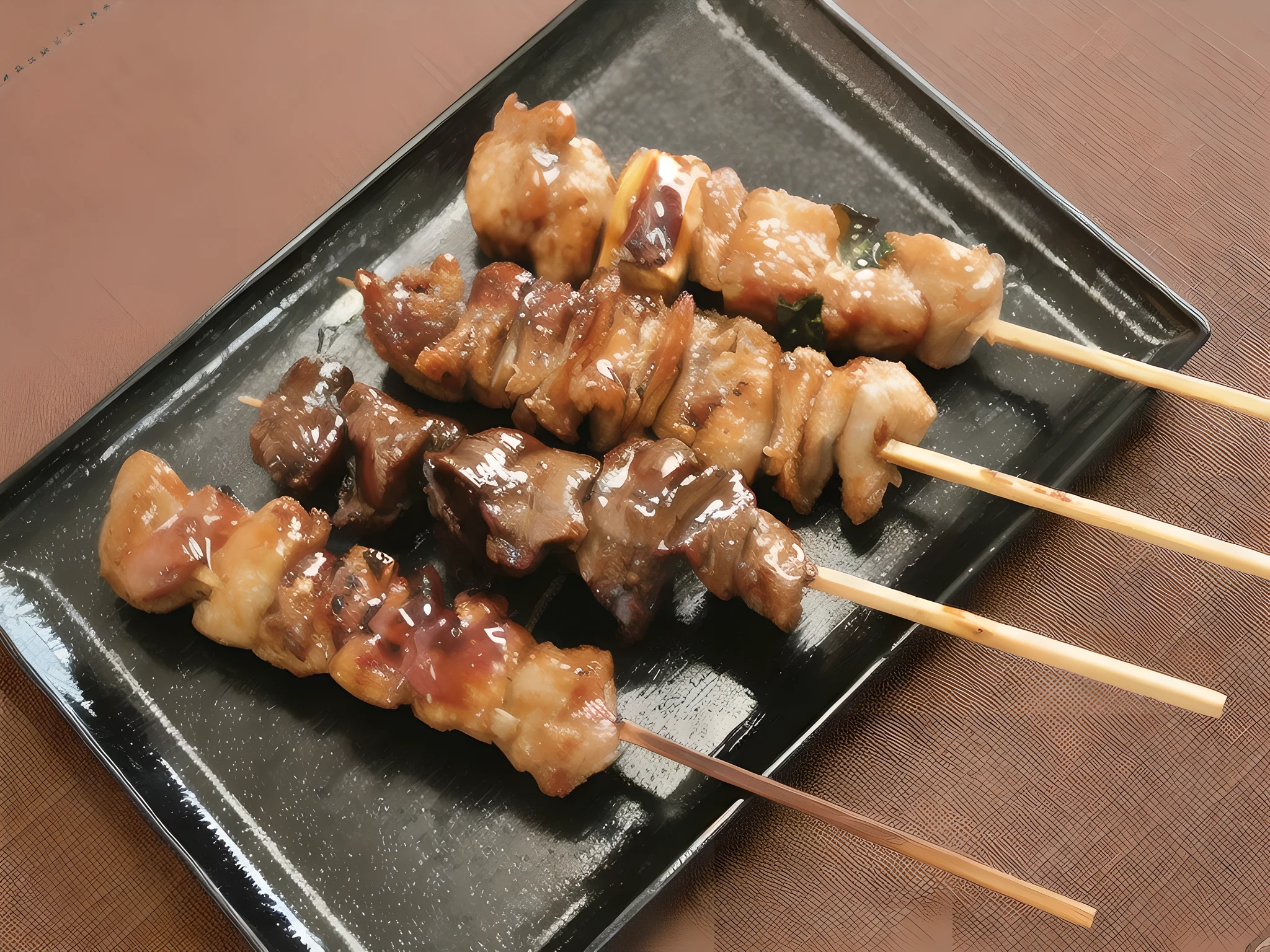 there are skewered meat on a black plate with toothpicks, skewer, grilled chicken, yoshiku, barbecue, kakejiku, katsushika, japanese, sky line, style of shuzo oshimi, chicken, beautiful image, tanjiro kamado, kebab, hakusensha, hajime katoki, grill, kantoku