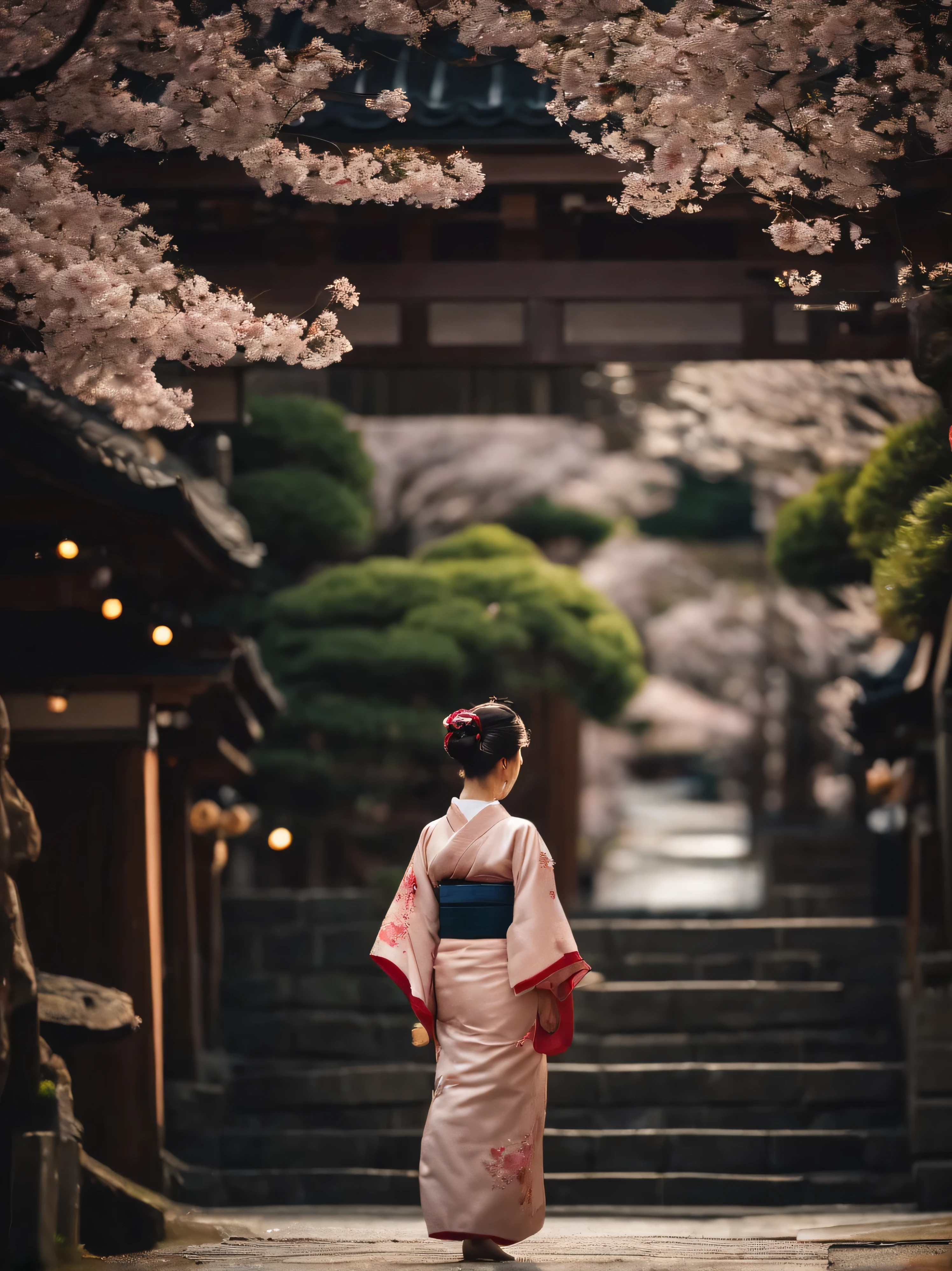 On the streets of Kyoto during the shogunate era，It is full of cherry blossoms，Next to the Japanese houses on the street，There is a Japanese girl，wearing kimono，light from the side，At dusk，warm tones