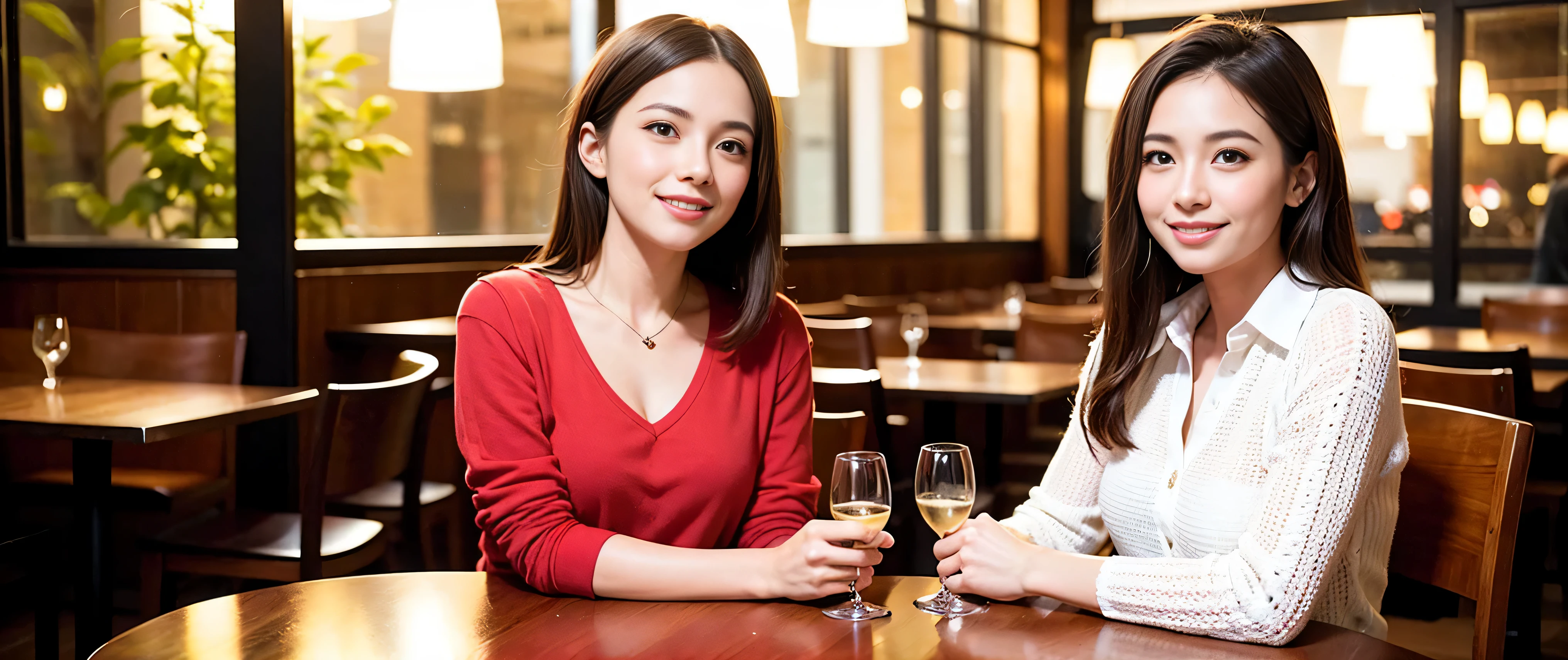 ((Highest quality、8K、masterpiece:1.3))、1 male、1 woman who resembles Satomi Ishihara、Couple、spouse、Couple、The body is slim、((Bob Hale、Straight hair:1.2)), (Realistic, Intricate details:1.2), テーブルの上のwine glass、Put the light on your face、 Amazing view of the sunset sky and clouds、Amazing mountain views、A bright smile、The wonderfulness of smile、Bright image、The beauty of wine, Beautiful Face, blue eyes, The light shines on your face, Blushing, short hair,Bright Face、42 years old), 39 years old, red wine 、Appetizers、Italian food、Wine bottle、Champagne、sparkling wine、Two beauties、Brown Hair、Shortcuts、Long sleeve shirt、dress、Beautiful woman 1, (slimな顔), (The body is slim), (Brown Hair), (Shortcuts), cheeks turn a little red,Attractive beauty、restaurant, In a prominent place (From the waist up) Nova Frog Style, actress, model, Upper Body, White wine, slim, wine glass, 中央に置かれたwine glass, smile, (smile: 1.15), Beautiful fine grain, Depth f/2,saturation, High Contrast, Strong light and shadow,Moist Body:1.5、3D texture、Delicate eyes、Brown Hair、The hair is very shiny、