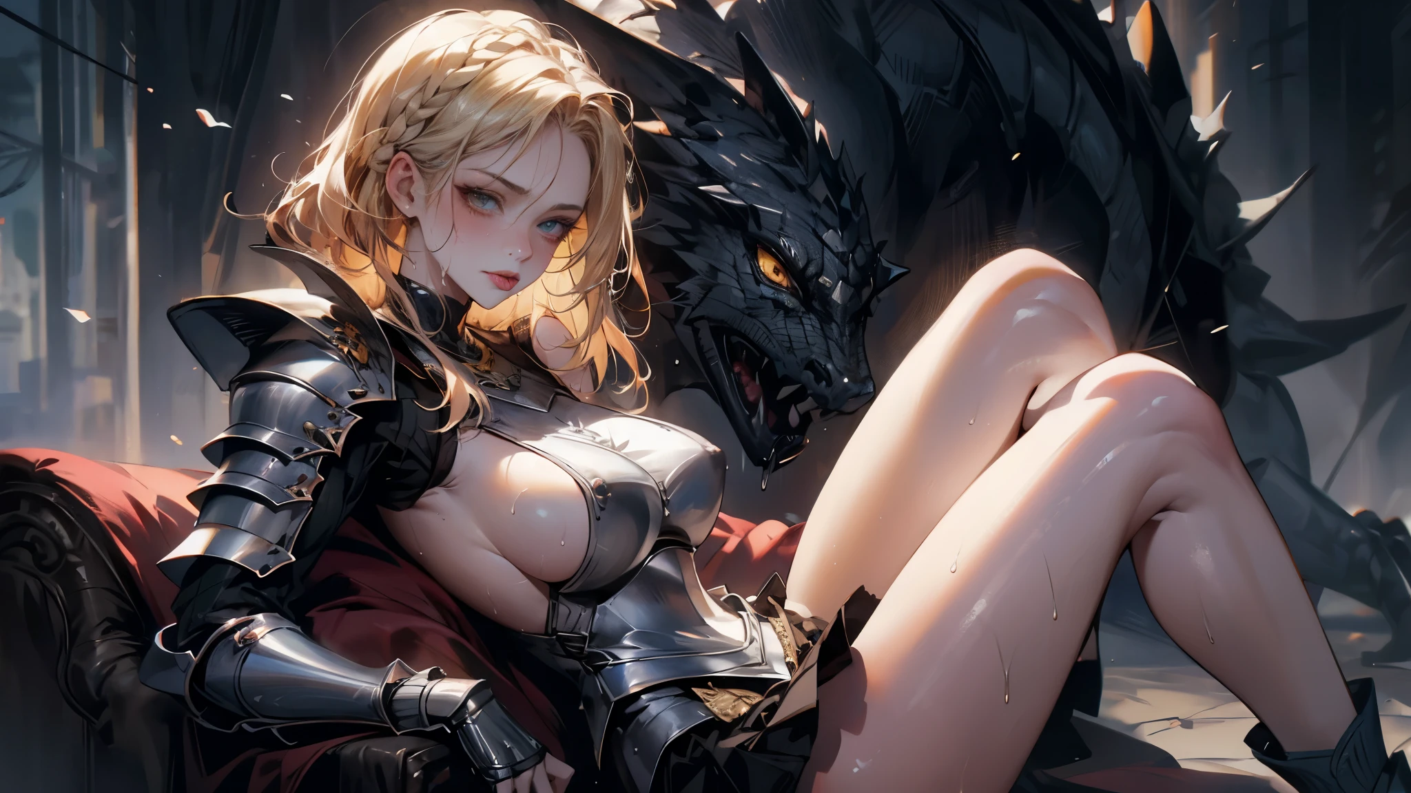 ((Best quality, 8K, Masterpiece: 1.3, 1girl, Beautiful girl)), cute, Dynamism, Detailed face, Detailed skin, detailed clothes, Detailed eyes, Detailed lips, Detailed tongue, Detailed fingers, Detailed mouth, Photorealistic, Raw photo, highres, Natural lighting, dynamic pose, perfect anatomy, toned legs, double eyelids, tear bags, round eyes, moist lips, sweaty, (sleeveless, (armor knight, armor), dragon background), sideboob, skirt, half closed eyes, steam:1.5, sheer, wet clothes, sky, rainbow hair, yellow hair, braided hair, long hair, (nipple), looking at viewer, ahegao, drooling, wet body, knee-bending sitting, no panties, nsfw