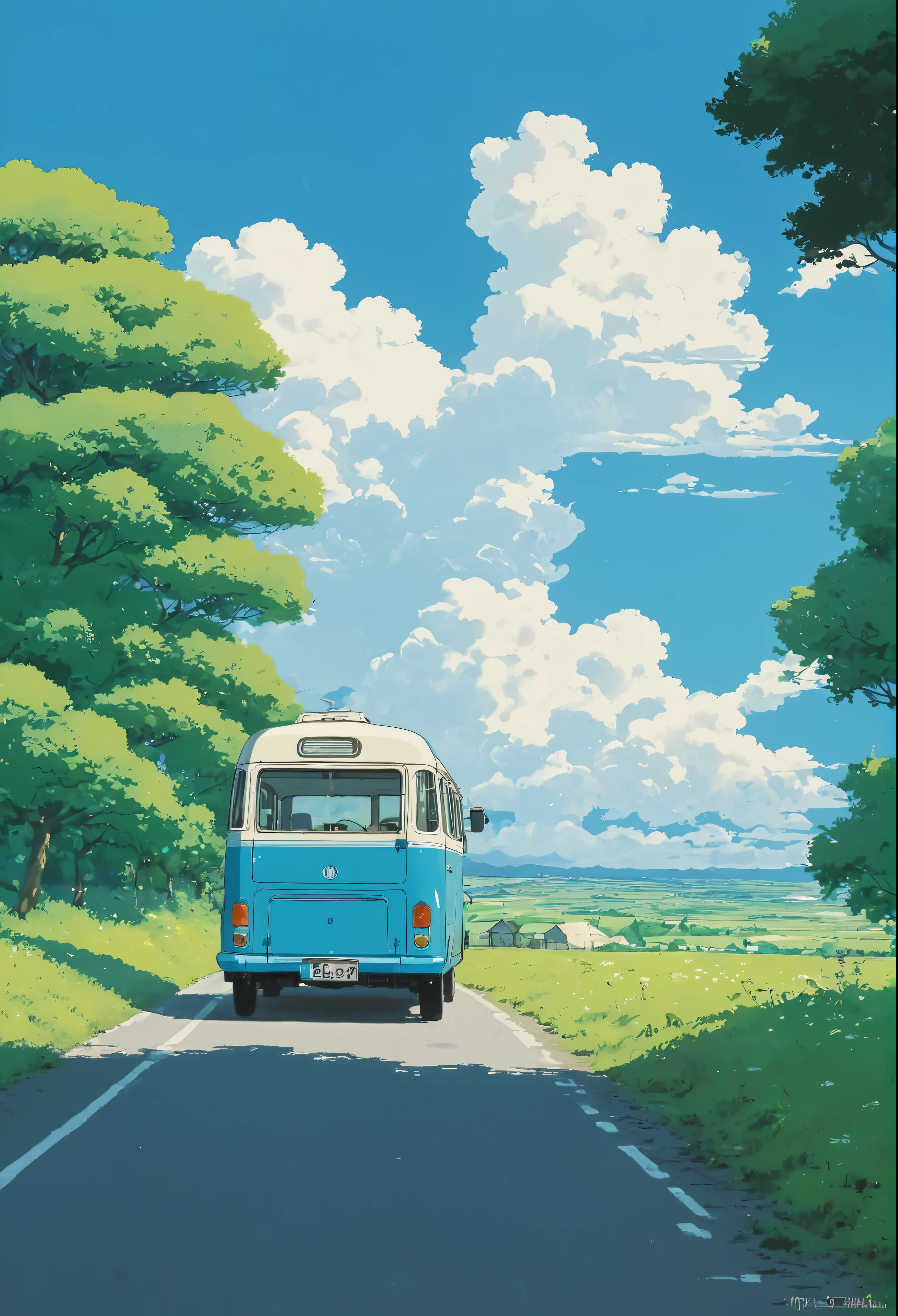 (Minimalism:1.4), There is a minibus on the road, Studio Ghibli Art, Miyazaki, Pasture with blue sky and white clouds