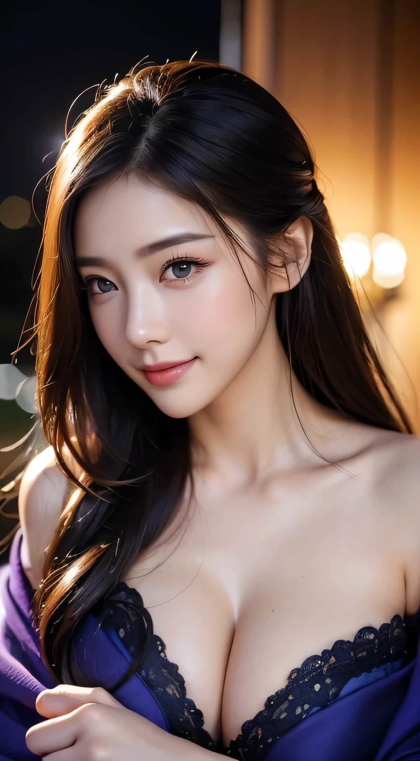 Beautiful woman in kimono,body portrait、8k,thin and beautiful eyes,Dindal effect、masterpiece, 最high quality, high quality, High resolution、very detailed写真、(natural skin texture、fine skin、hyper realism、Super sharpness)、high detail skin、(very detailed、fine skinの質感、intricate details、beautiful face、(lifelike face)、realistic eyes、beautiful and detailed eyes、real looking skin、beautiful skin、surreal、very detailed、golden ratio、with smiling eyes、((night moonlight background))、G cup、erotic body、body portrait、sexy knit dress、beautiful feet、Take a full body photo