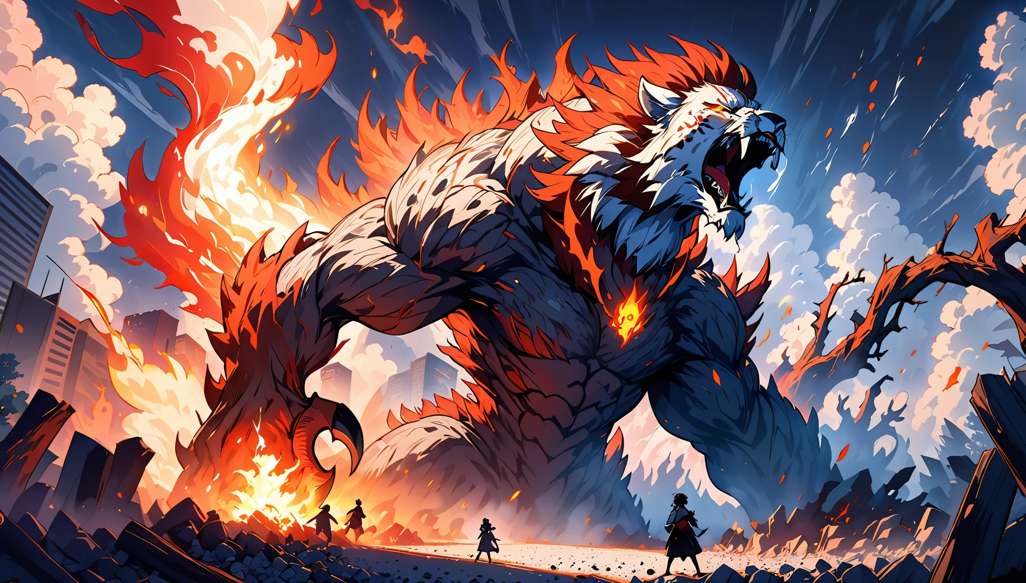 masterpiece，super cool creature，（（Huge monster destroyed in modern city master）），roar，Violent and cruel，Tall and mighty，（（petrified skin）），thick limbs，fighting，fire light，gravel，smoke，The fleeing crowd，Random light and shadow，Glowing special effects，minimalist style，mist，（full body portrait:1.4），Perfect，highlight，bright colorful shades，Ink background，OC renderer，best picture quality，high resolution，dynamic perspective