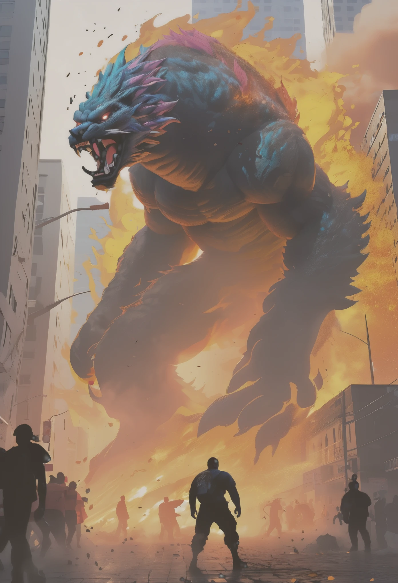 masterpiece，super cool creature，（（Huge monster destroyed in modern city master）），roar，Violent and cruel，Tall and mighty，（（petrified skin）），thick limbs，fighting，fire light，gravel，smoke，The fleeing crowd，Random light and shadow，Glowing special effects，minimalist style，mist，（full body portrait:1.4），Perfect，highlight，bright colorful shades，Ink background，OC renderer，best picture quality，high resolution，dynamic perspective