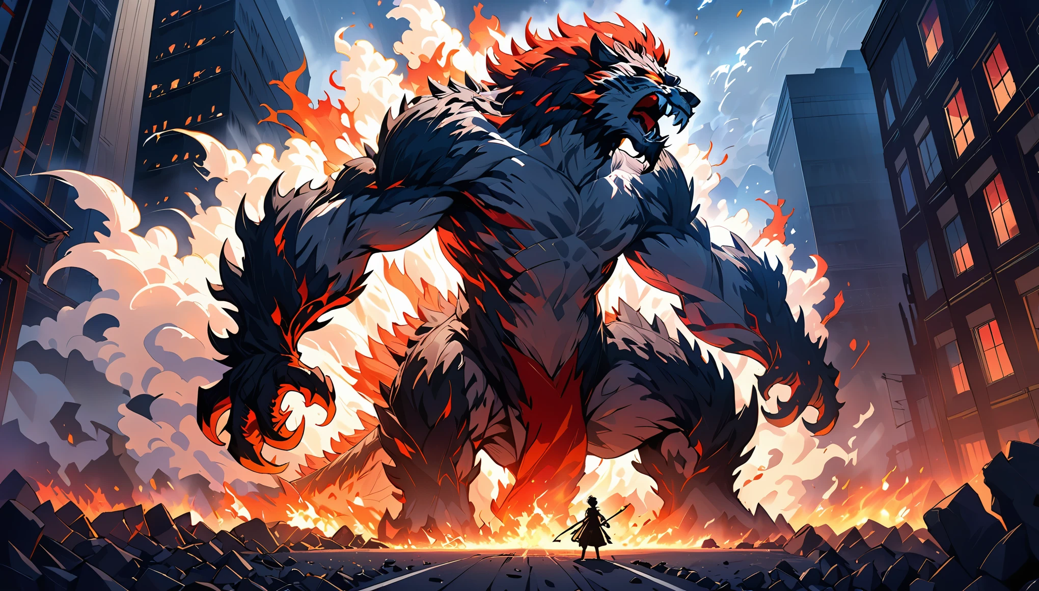 masterpiece,super cool creature,((Huge monster destroyed in modern city master)),roar,Violent and cruel,Tall and mighty,((petrified skin)),thick limbs,fighting,fire light,gravel,smoke,The fleeing crowd,Random light and shadow,Glowing special effects,minimalist style,mist,(full body portrait:1.4),Perfect,highlight,bright colorful shades,Ink background,OC renderer,best picture quality,high resolution,dynamic perspective