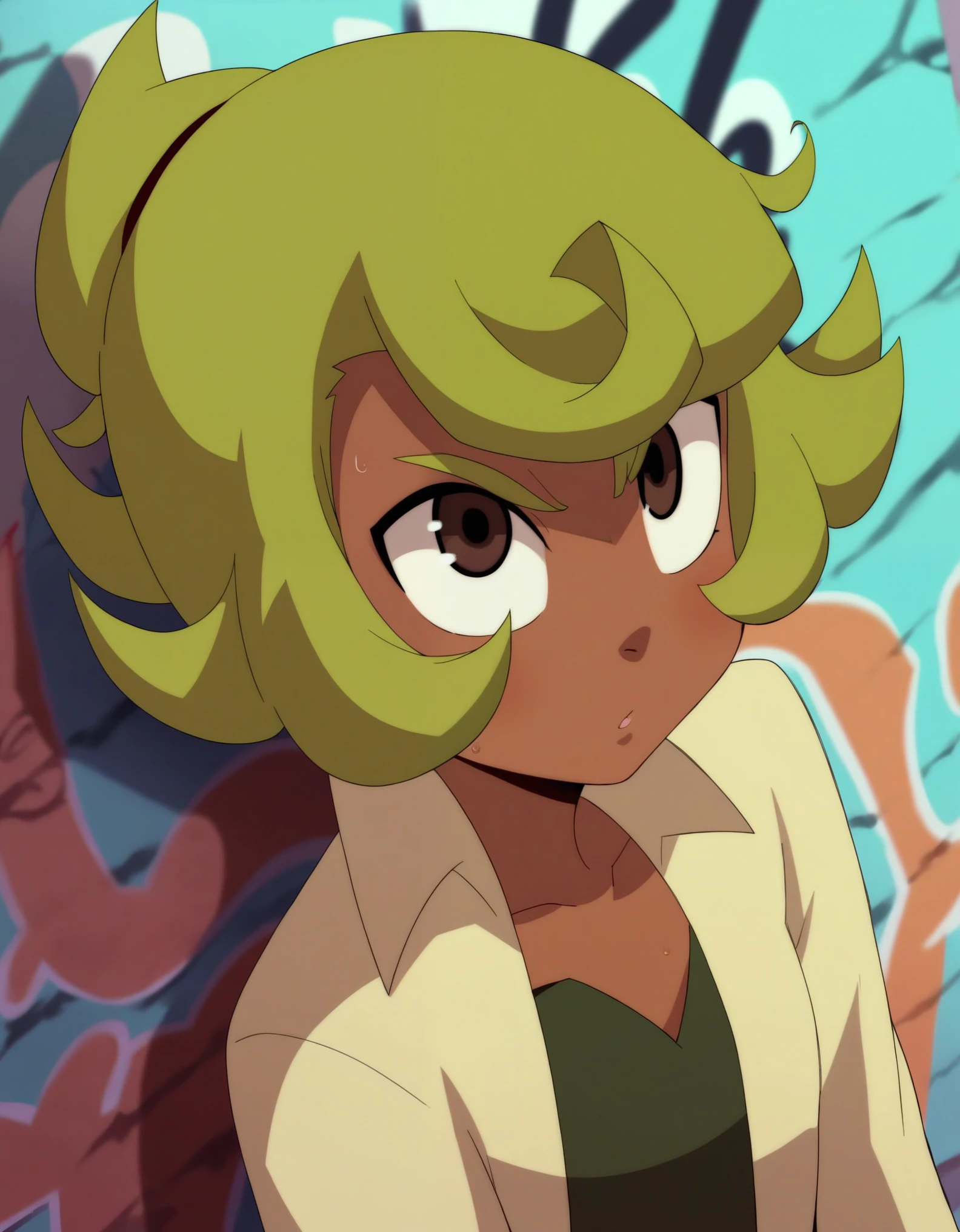 score_9, score_8_up, score_7_up, score_6_up, amalia, solo, amalia, anime girl with green hair and big eyes posing for a picture, an anime drawing inspired by Leiko Ikemura, tumblr, graffiti, tatsumaki, wakfu colors + symmetry, oh yeah, she has olive brown skin, anime style”, safebooru anime image, tatsumaki with green curly hair, closeup!!!!!!, green colored skin!!