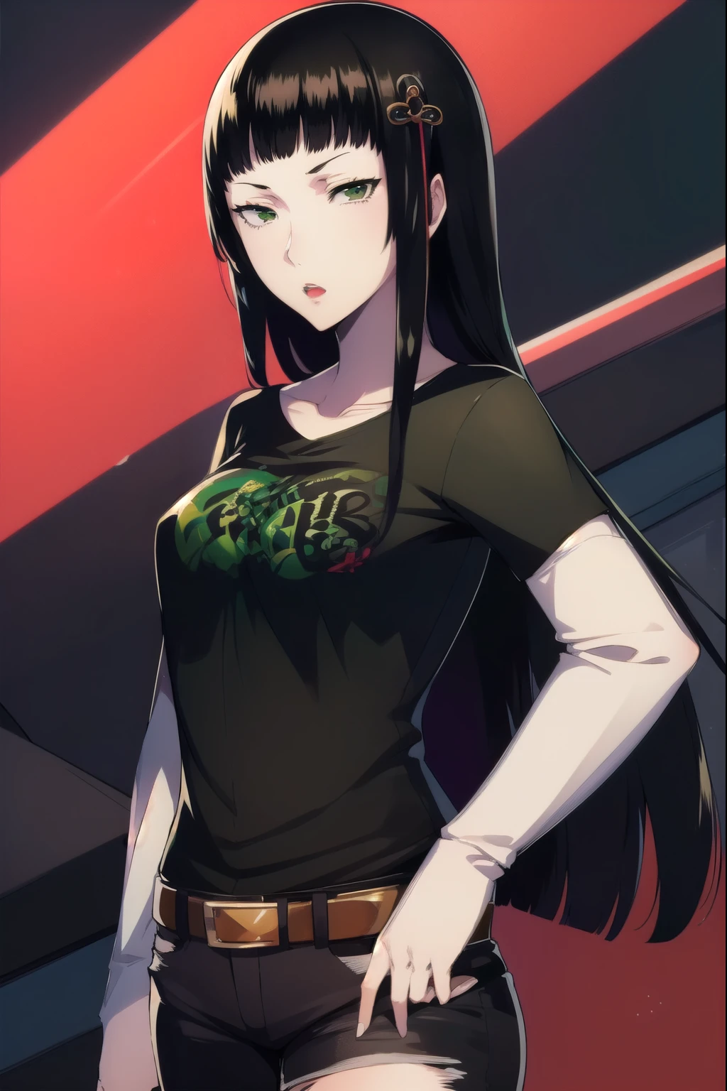 hifumitougou, hifumi tougou, (green eyes:1.5), black hair, long hair, bangs, blunt bangs, 1girl, solo, standing, black t-shirt, white shirt, blue jeans, belt, lipstick, eyewear on head,