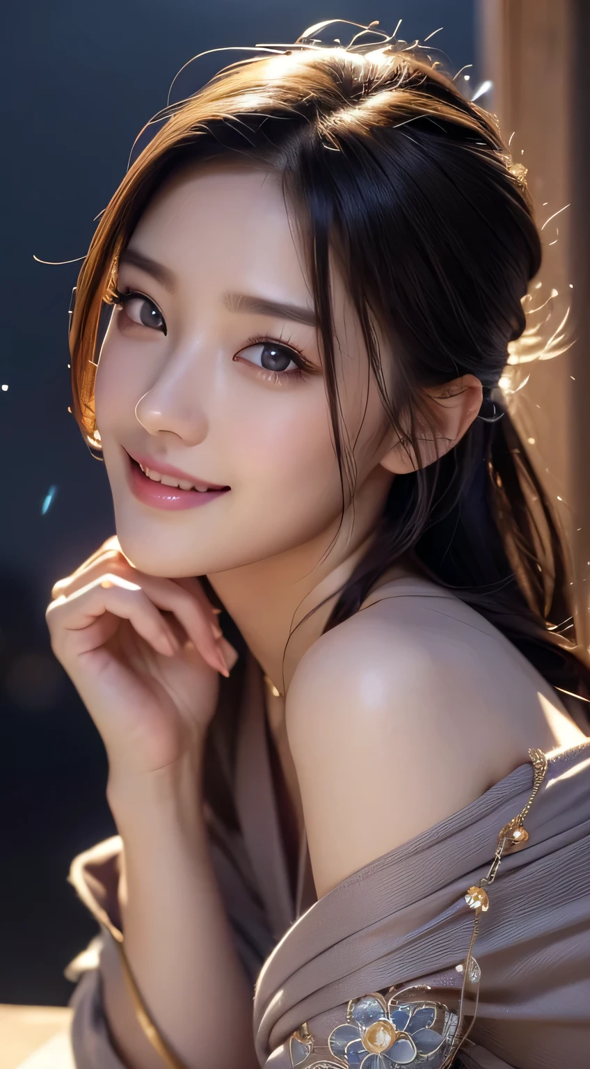 Beautiful woman in kimono,body portrait、8k,thin and beautiful eyes,Dindal effect、masterpiece, 最high quality, high quality, High resolution、very detailed写真、(natural skin texture、fine skin、hyper realism、Super sharpness)、high detail skin、(very detailed、fine skinの質感、intricate details、beautiful face、(lifelike face)、realistic eyes、beautiful and detailed eyes、real looking skin、beautiful skin、surreal、very detailed、golden ratio、with smiling eyes、((night moonlight background))、G cup、erotic body、body portrait、sexy knit dress、beautiful feet、Take a full body photo