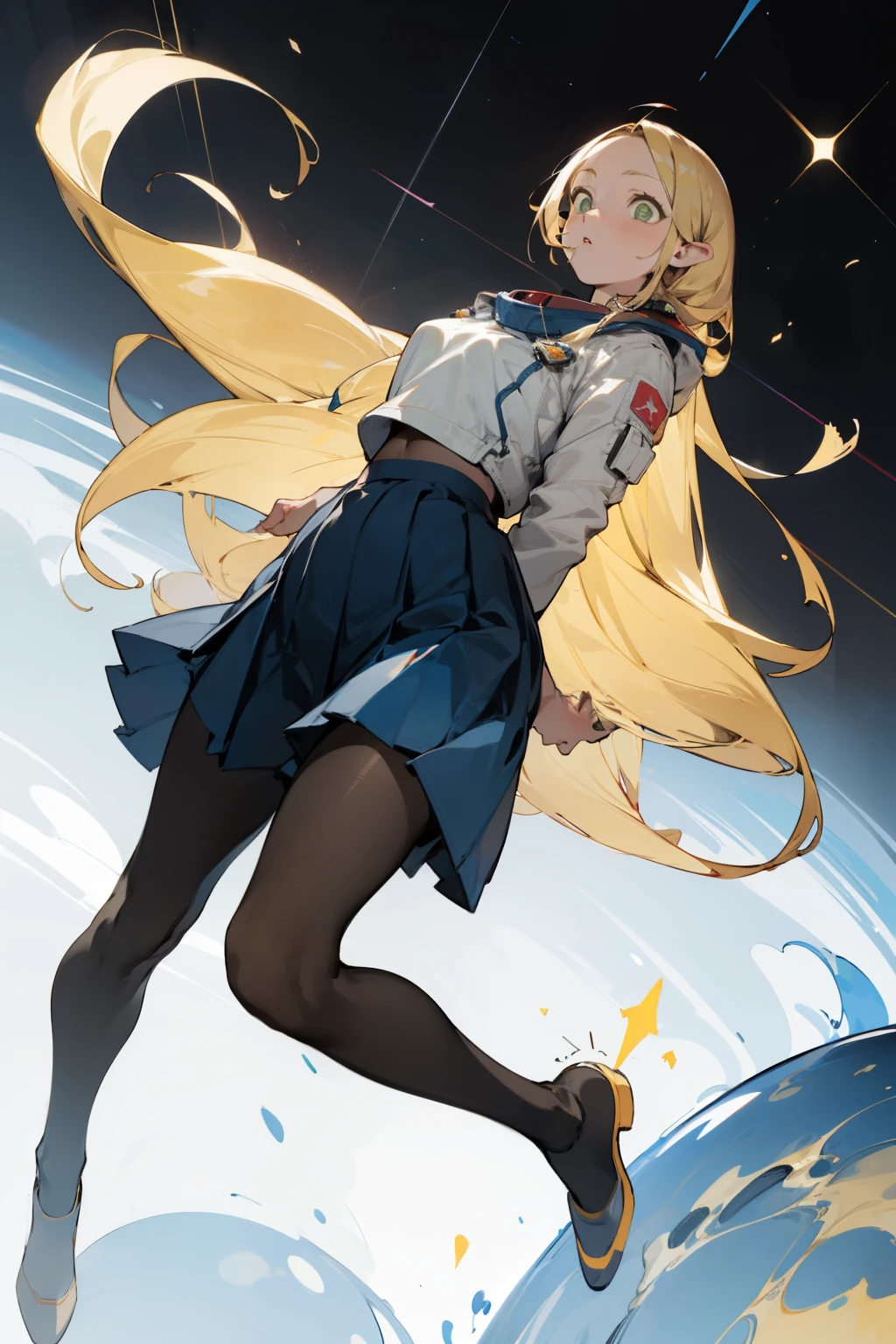 pantyhose, pop color,(whole body,blonde)long blonde hair, bust and waist,white top,High heel,whole body,pleated skirt,astronaut