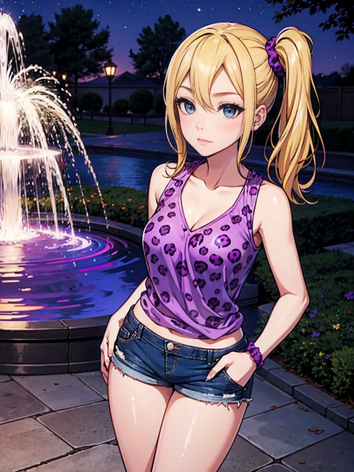 ((1girl, solo, alone, ai hayasaka, bangs, blue eyes, blonde hair, hair ornament, sidelocks, side ponytail, scrunchie, hair scrunchie, blue scrunchie)), (Square, fountain, night, stars, moonlight, halter blouse, ((purple blouse, (purple leopard print blouse))), sleeveless blouse, short blouse, (mini shorts, denim shorts))