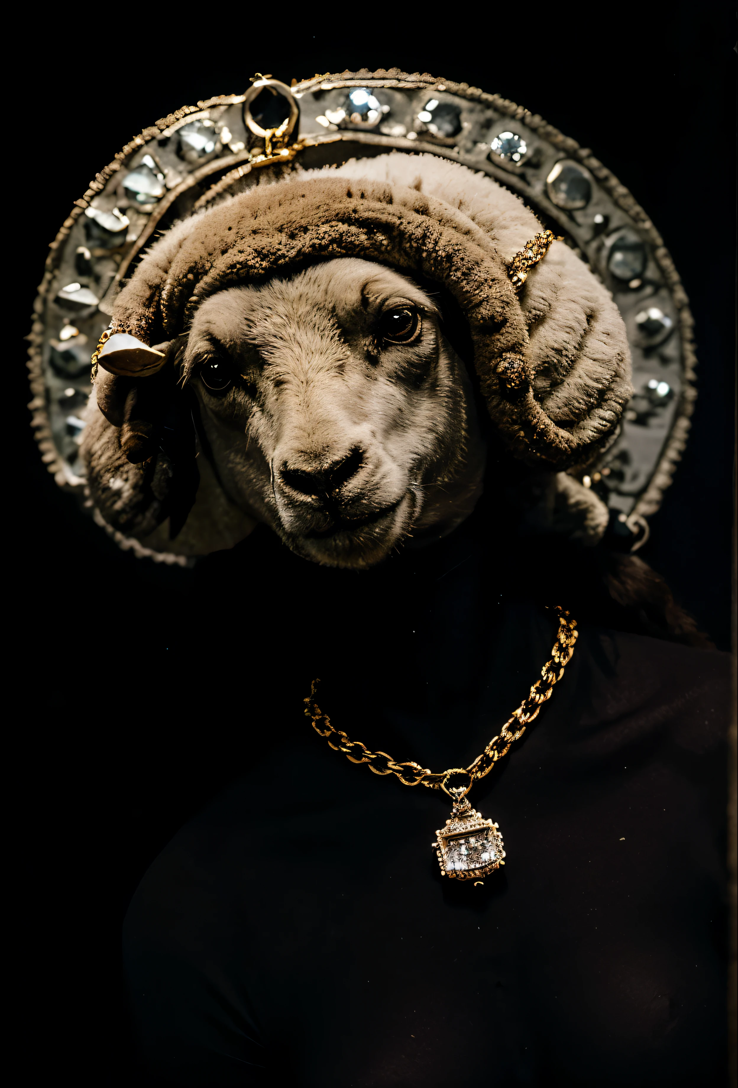 Diamond neck chain with a sheep with diamonds on it hanging against pitch black background, no subject just chain with sheep emblem on a black background