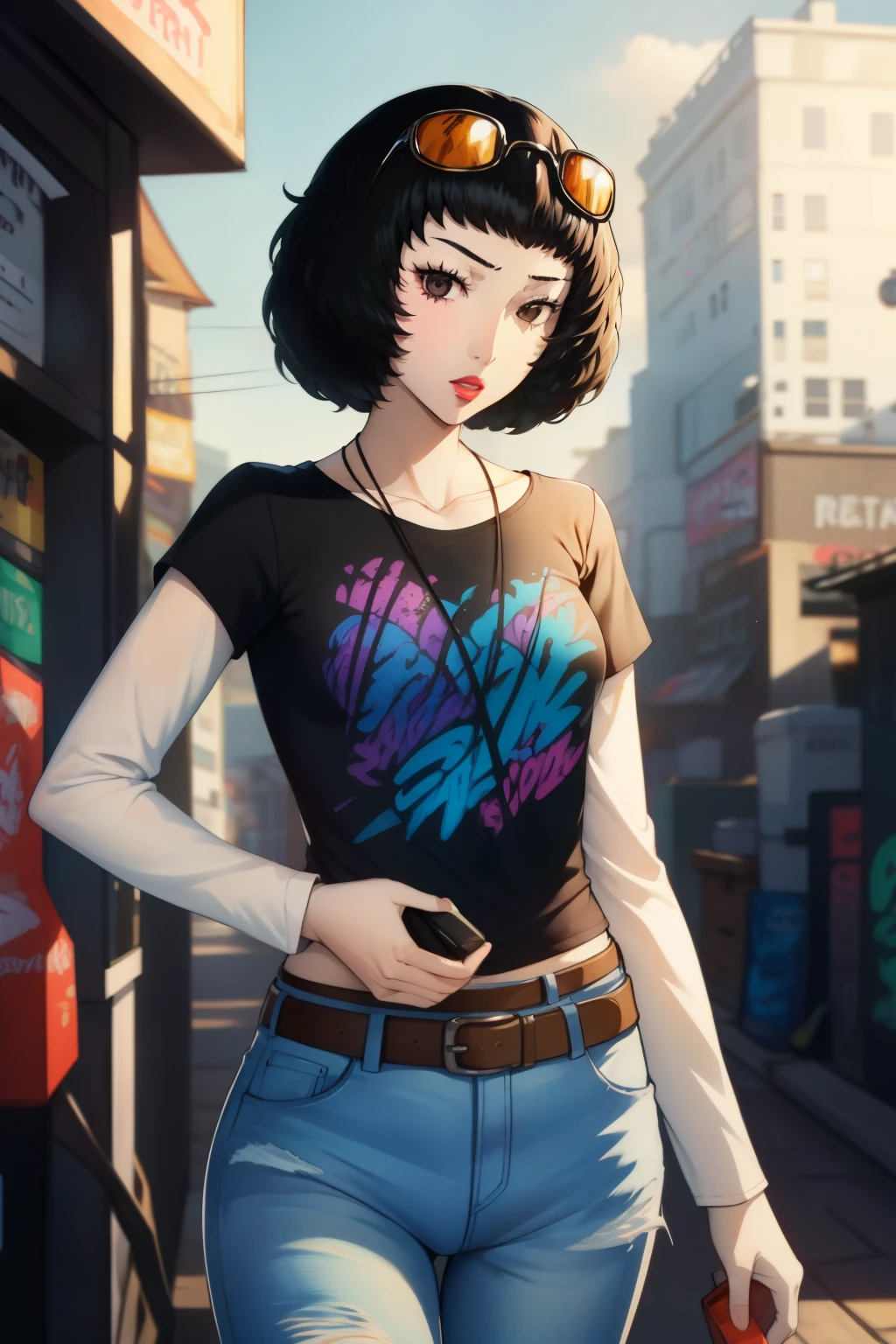 sadayokawakami, 1girl, solo, standing, black t-shirt, white shirt, blue jeans, belt, lipstick, eyewear on head,
