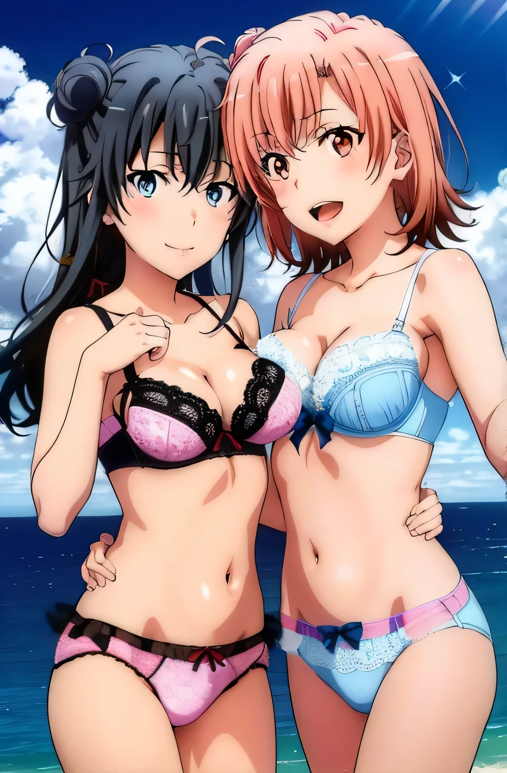 (2 girls) ,( Yukinoshita Yukino ),( Yuigahama Yui) , Yuigahama Yui has big breasts, waltz dance ,shoulder to shoulder,,front,Ocean, Yuigahama Yui pink lace bra and pink panties,(Yukinoshita Yukino in white lace bra and panties),high leg panties,looking at camera