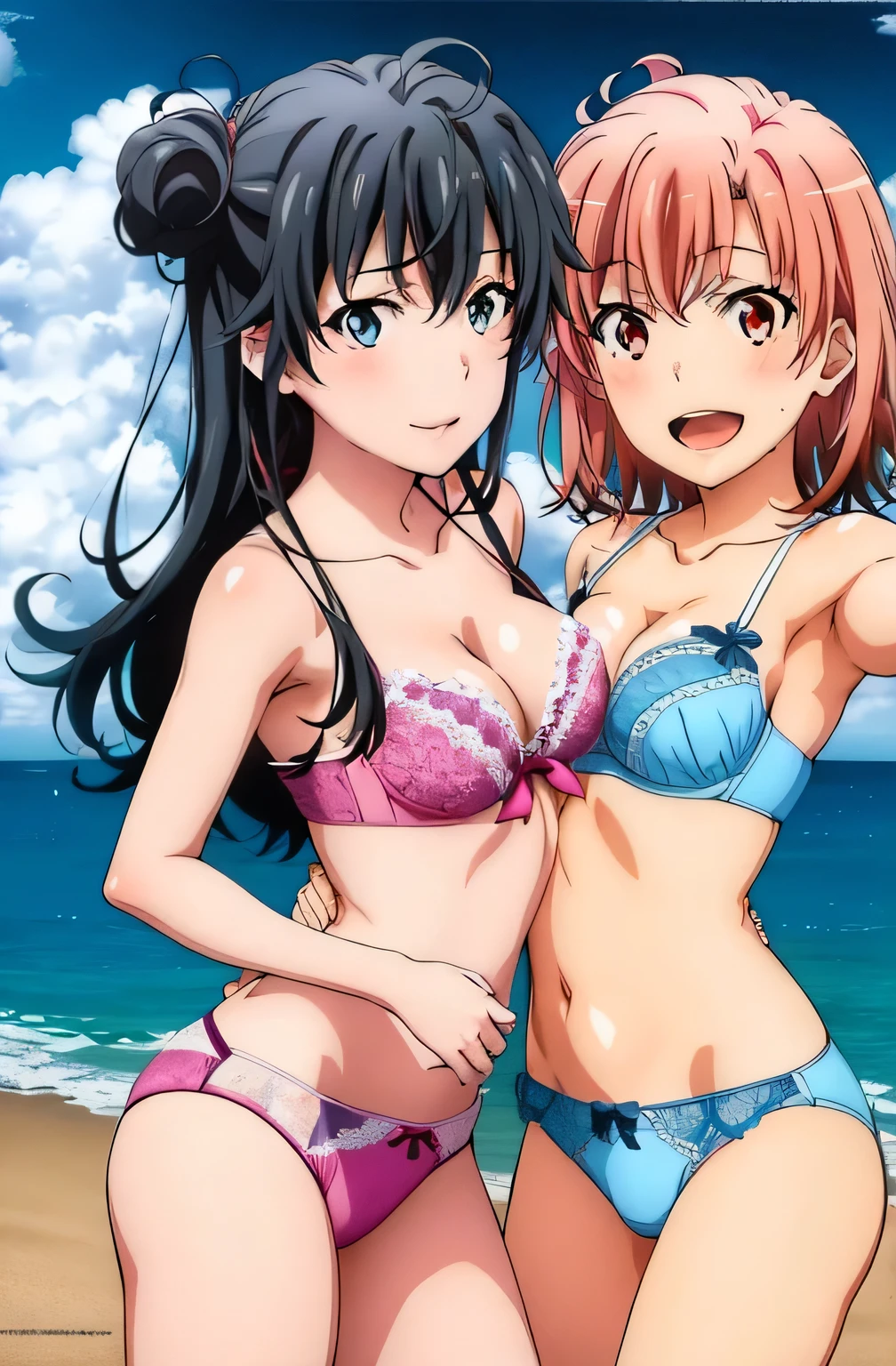 (2 girls) ,( Yukinoshita Yukino ),( Yuigahama Yui) , Yuigahama Yui has , waltz dance ,shoulder to shoulder,,front,Ocean, Yuigahama Yui pink lace bra and pink panties,(Yuta Yukino in white lace bra and panties),high leg ,looking at camera