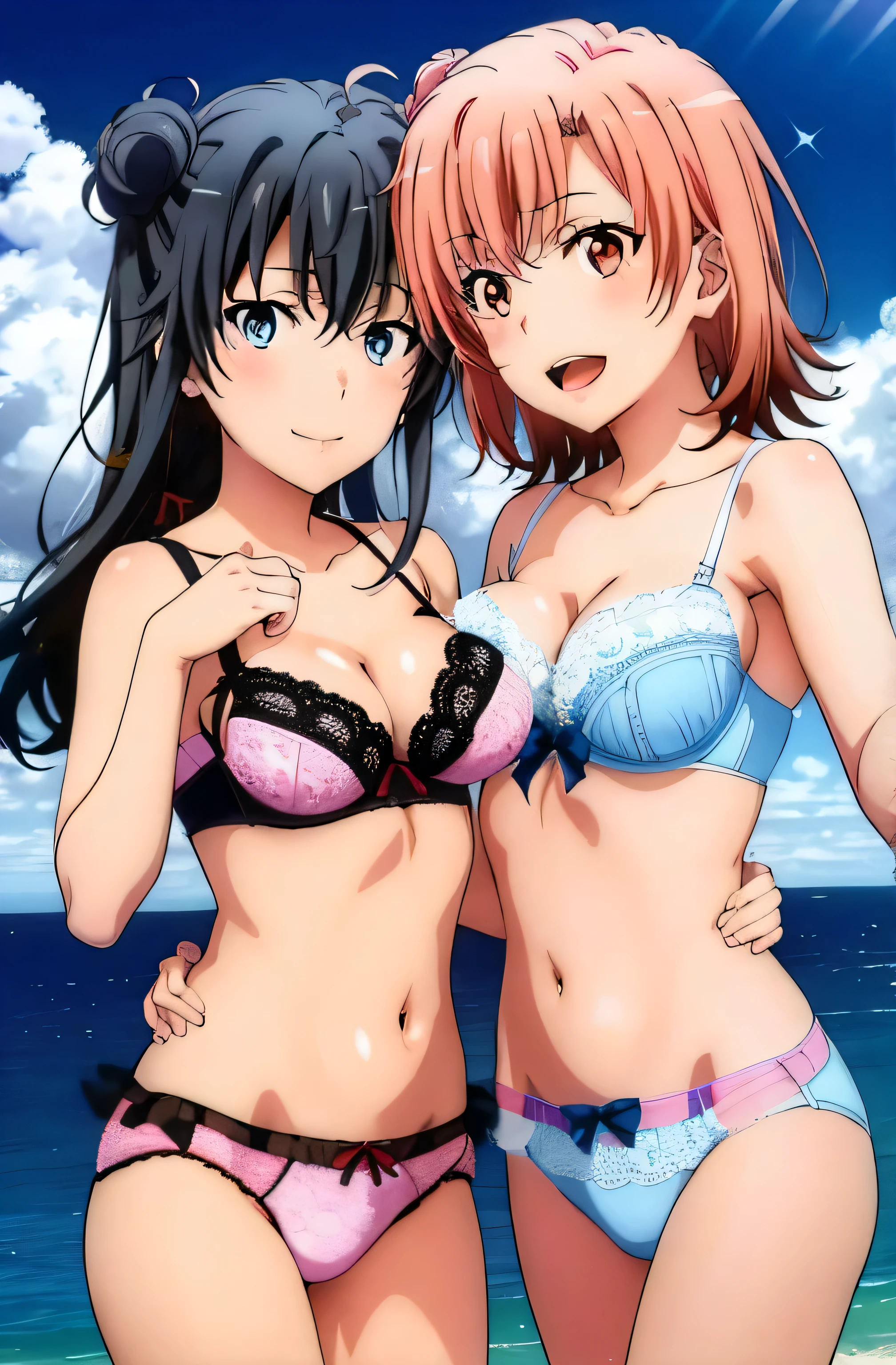 (2 girls) ,( Yukinoshita Yukino ),( Yuigahama Yui) , Yuigahama Yui has big breasts, waltz dance ,shoulder to shoulder,,front,Ocean, Yuigahama Yui pink lace bra and pink panties,(Yukinoshita Yukino in white lace bra and panties),high leg panties,looking at camera