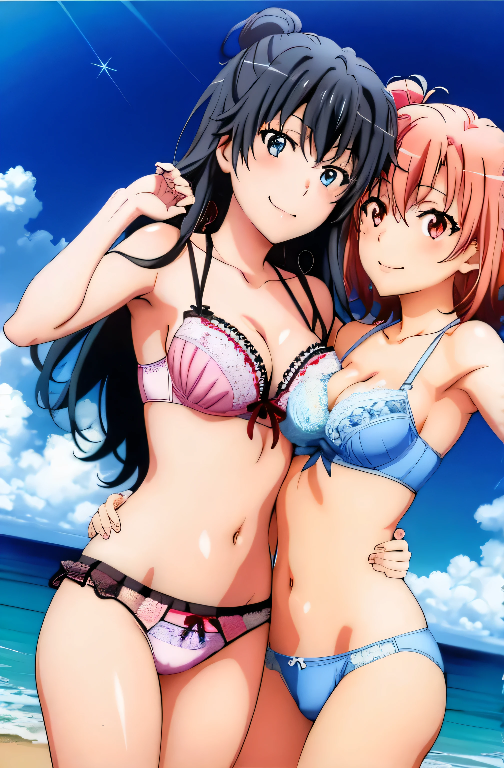 (2 girls) ,( Yukinoshita Yukino ),( Yuigahama Yui) , Yuigahama Yui has big breasts, waltz dance ,shoulder to shoulder,,front,Ocean, Yuigahama Yui pink lace bra and pink panties,(Yukinoshita Yukino in white lace bra and panties),high leg panties,looking at camera